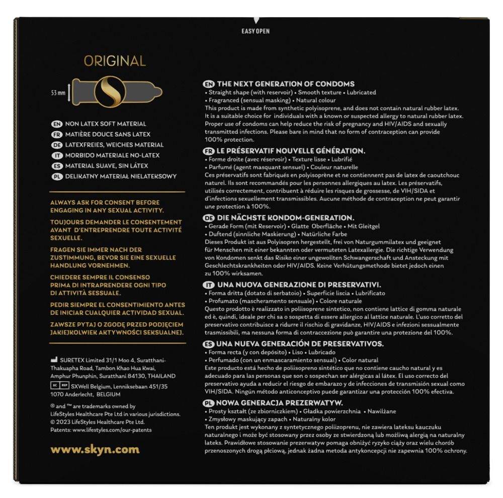 Produktinformationen auf weißem Hintergrund. Text in mehreren Sprachen. Kondom-Illustration. Aufschrift: Original, Non-Latex Soft Material.