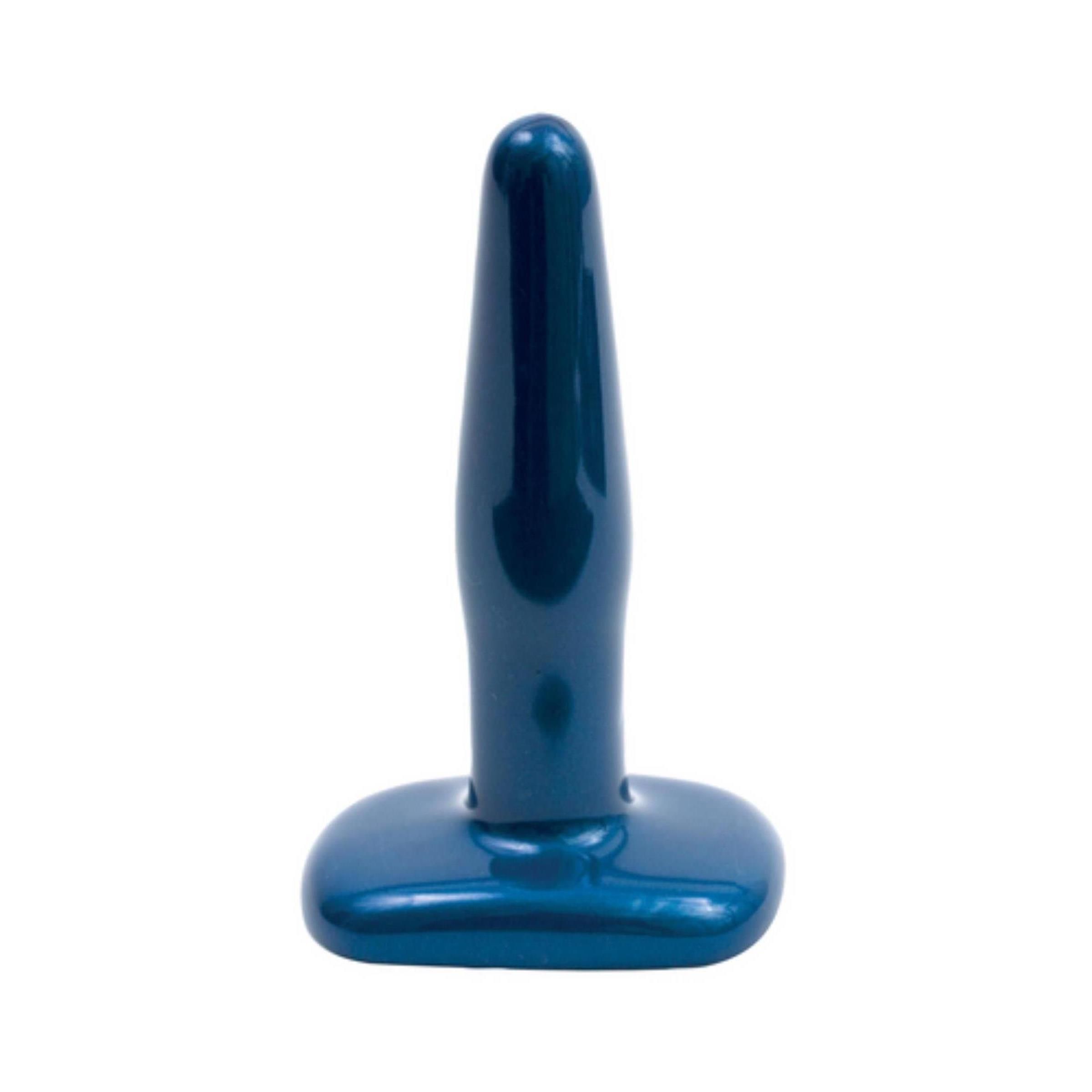 Blauer Analplug. Zylindrische Form mit abgerundeter Spitze und breiter Basis.