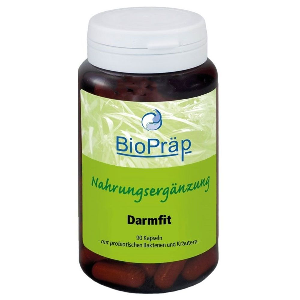 Braune Flasche mit weißem Deckel. Aufschrift BioPräp, Nahrungsergänzung, Darmfit, 90 Kapseln. Enthält probiotische Bakterien und Kräuter.