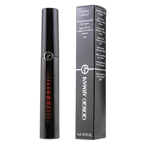 Schwarze Lippenlack-Tube und Verpackung. Giorgio Armani Ecstasy Mirror, Farbton 401. Schwarze Schrift auf schwarzem Hintergrund.