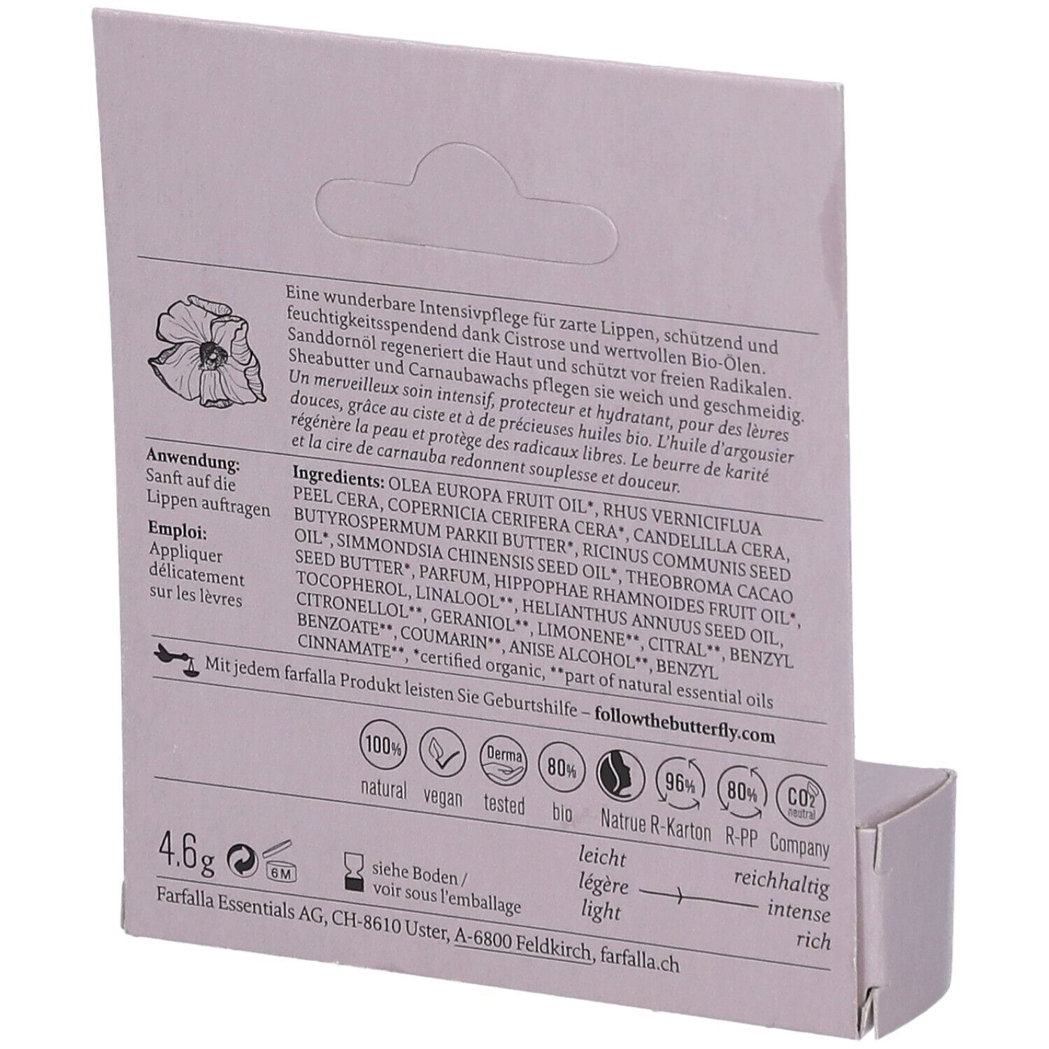 Farfalla Cistrose Bio-Lippenbalsam in Faltschachtel mit Anwendungshinweisen und Inhaltsstoffen. 4,6g.