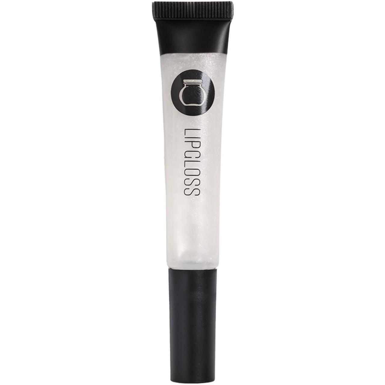 Lipgloss-Tube mit schwarzem Deckel und Schriftzug. Durchsichtiger Inhalt. Logo mit Krug. Aufschrift: LIPGLOSS.