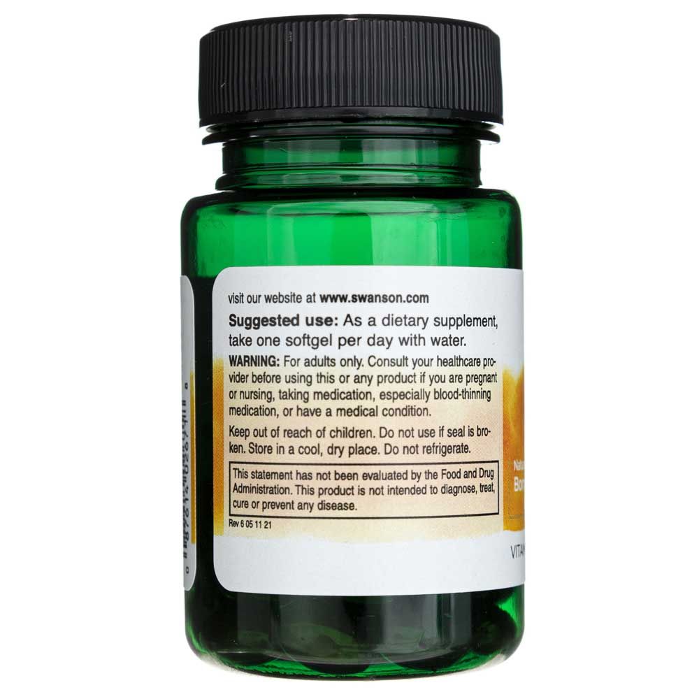 Rückseite einer Flasche SWANSON Vitamin K-2 Softgels. Enthält Informationen zur Anwendung und Lagerung.