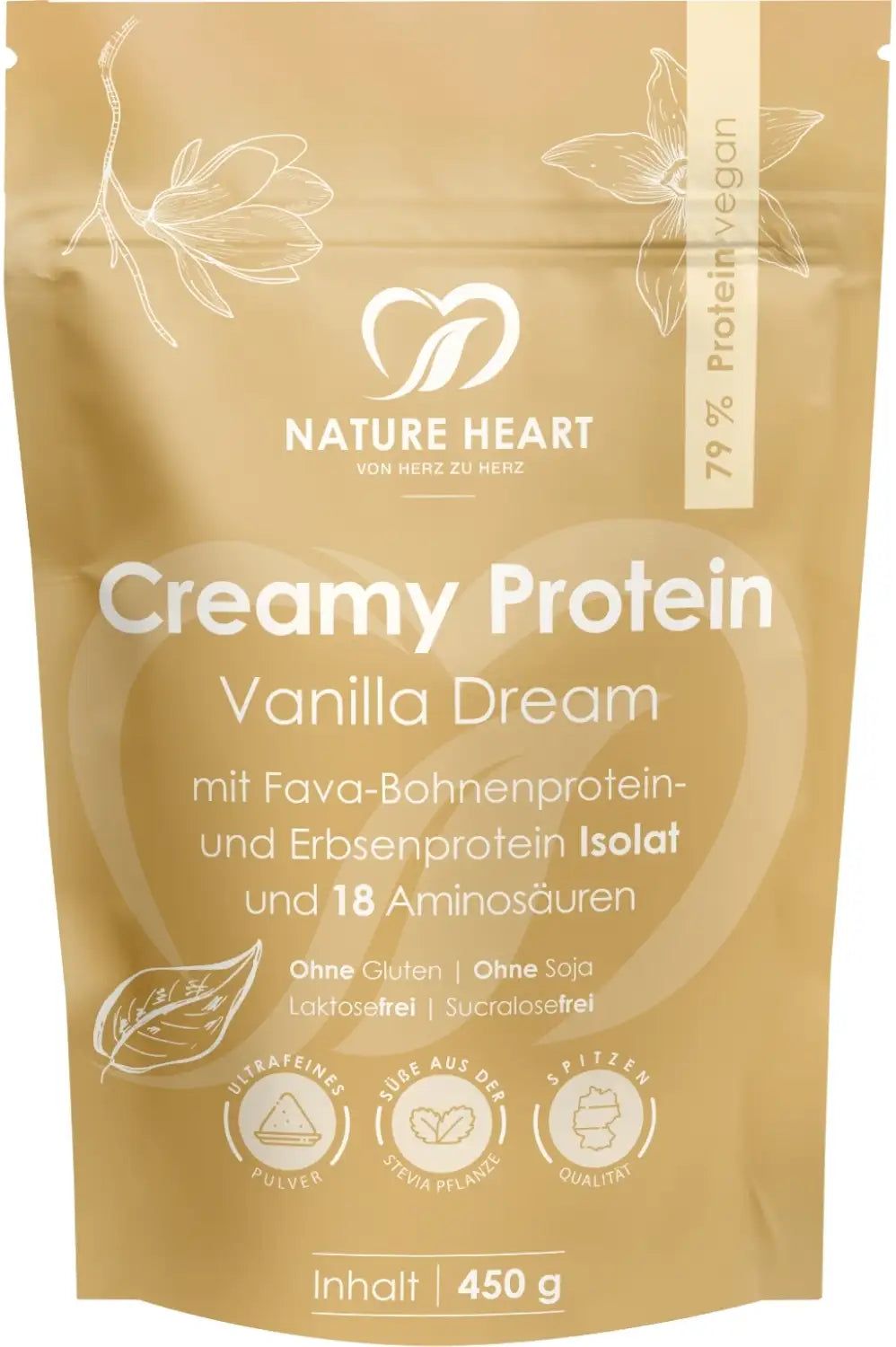 Beutel mit "Creamy Protein Vanilla Dream". Enthält Fava-Bohnenprotein, Erbsenprotein-Isolat und 18 Aminosäuren. Ohne Gluten, Soja, Laktose und Sucralose.