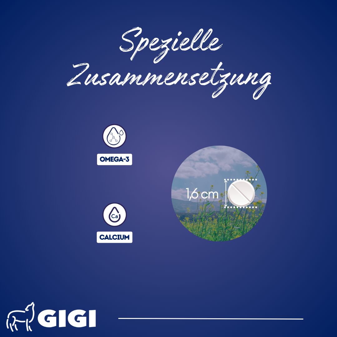 Grafik mit Inhaltsstoffen: Omega-3 und Calcium. Tablette mit 1,6 cm Durchmesser.