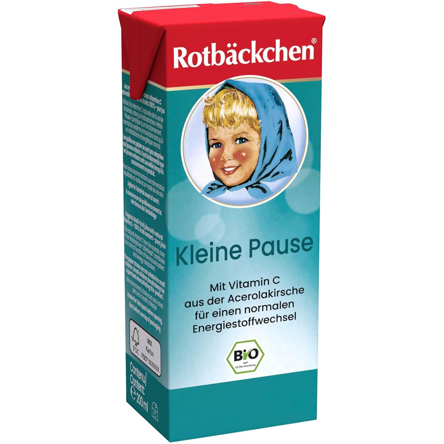 Getränkepackung mit rotem Deckel, blau-grüner Grundfarbe. Aufdruck: "Rotbäckchen" und Kindergesicht. Text: "Kleine Pause", "Bio".