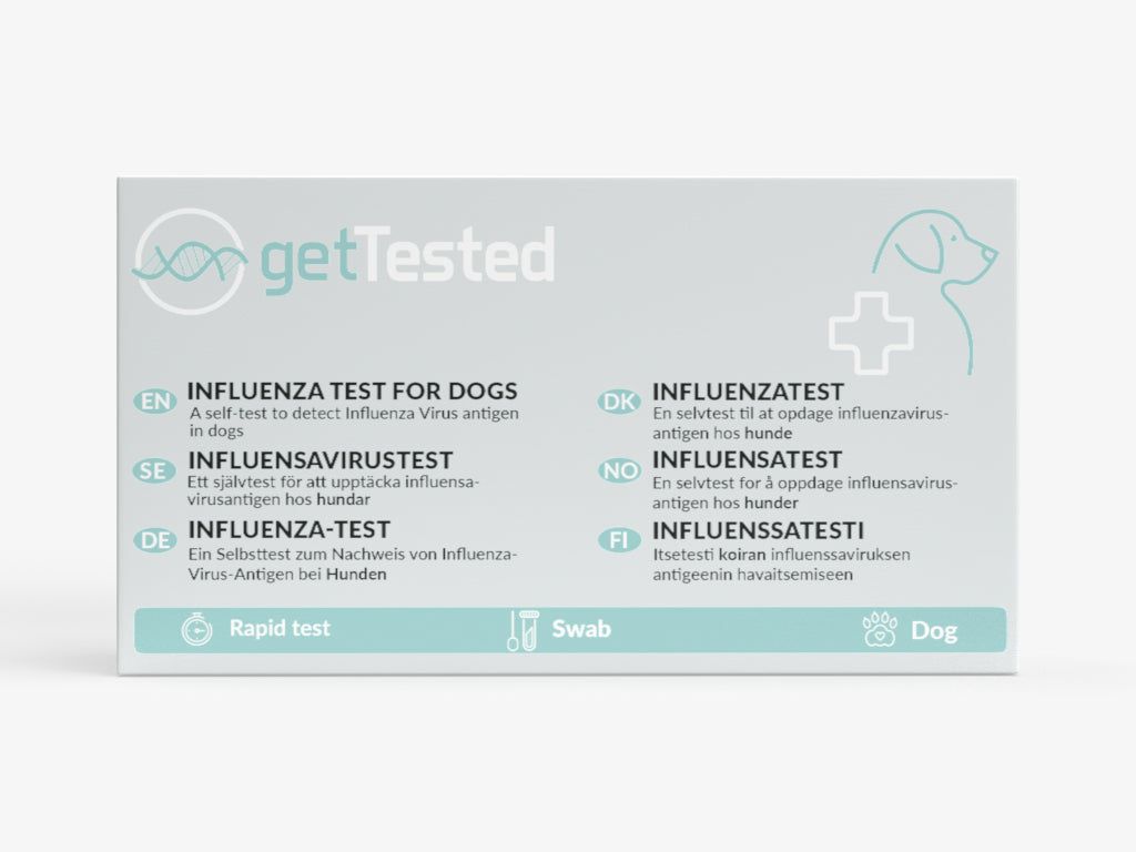 Verpackung von GetTested Influenza-Test für Hunde. Enthält Text in mehreren Sprachen, Abbildung eines Hundes und Symbole.