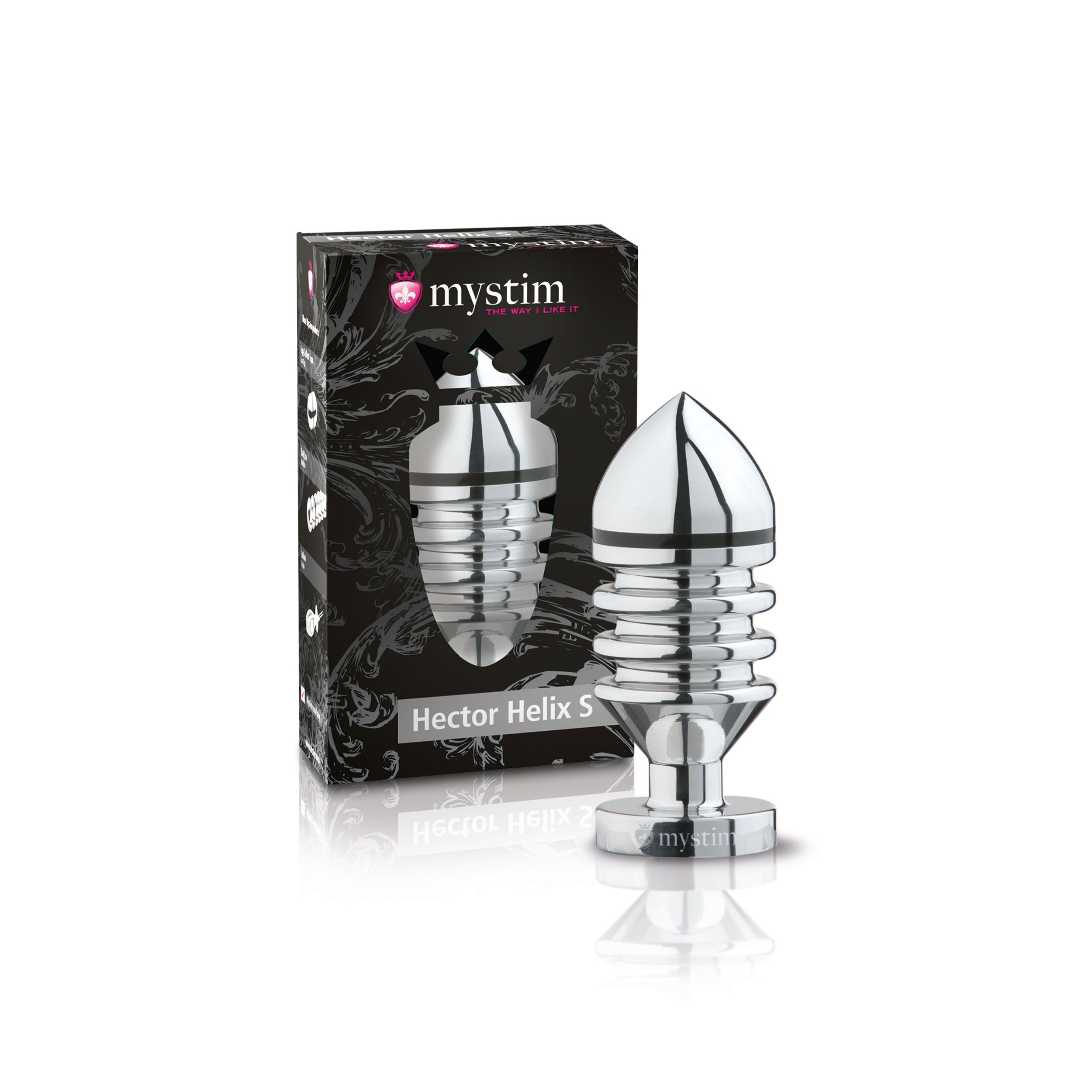Mystim Hector Helix S in Verpackung. Metallisch glänzendes Produkt. Schwarzer Karton mit Produktabbildung.