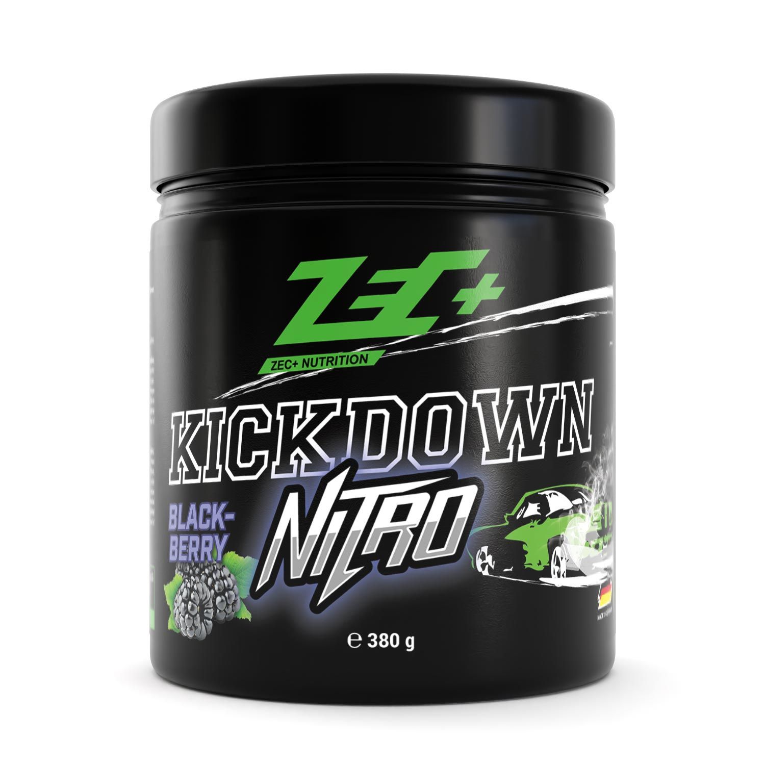 Schwarze Dose mit ZEC+ KICKDOWN NITRO Blackberry-Aufdruck. Grün-weißes Logo, Brombeere-Illustration, Gewicht 380 g.