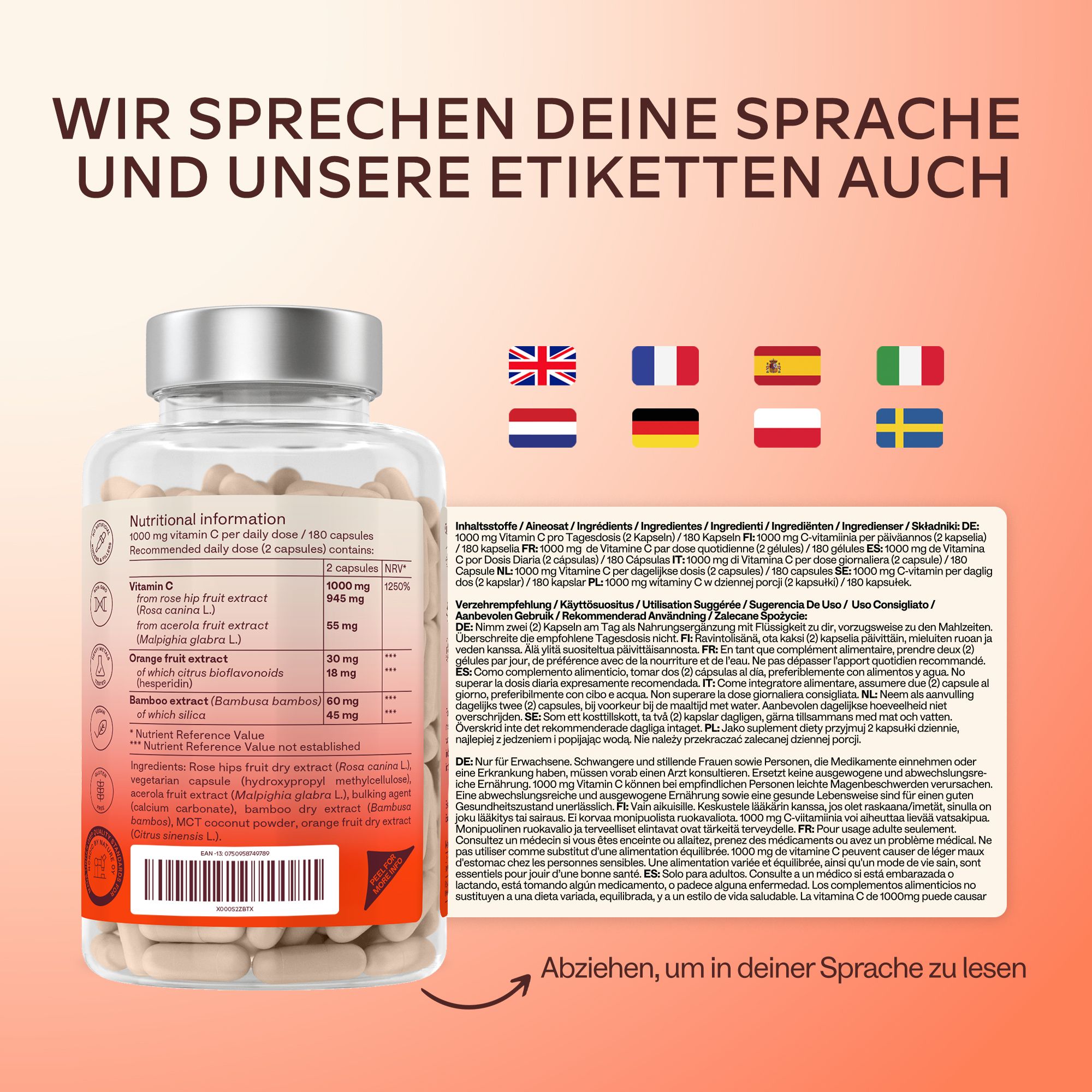 Rückseite einer Flasche mit Kapseln. Etiketten in verschiedenen Sprachen.