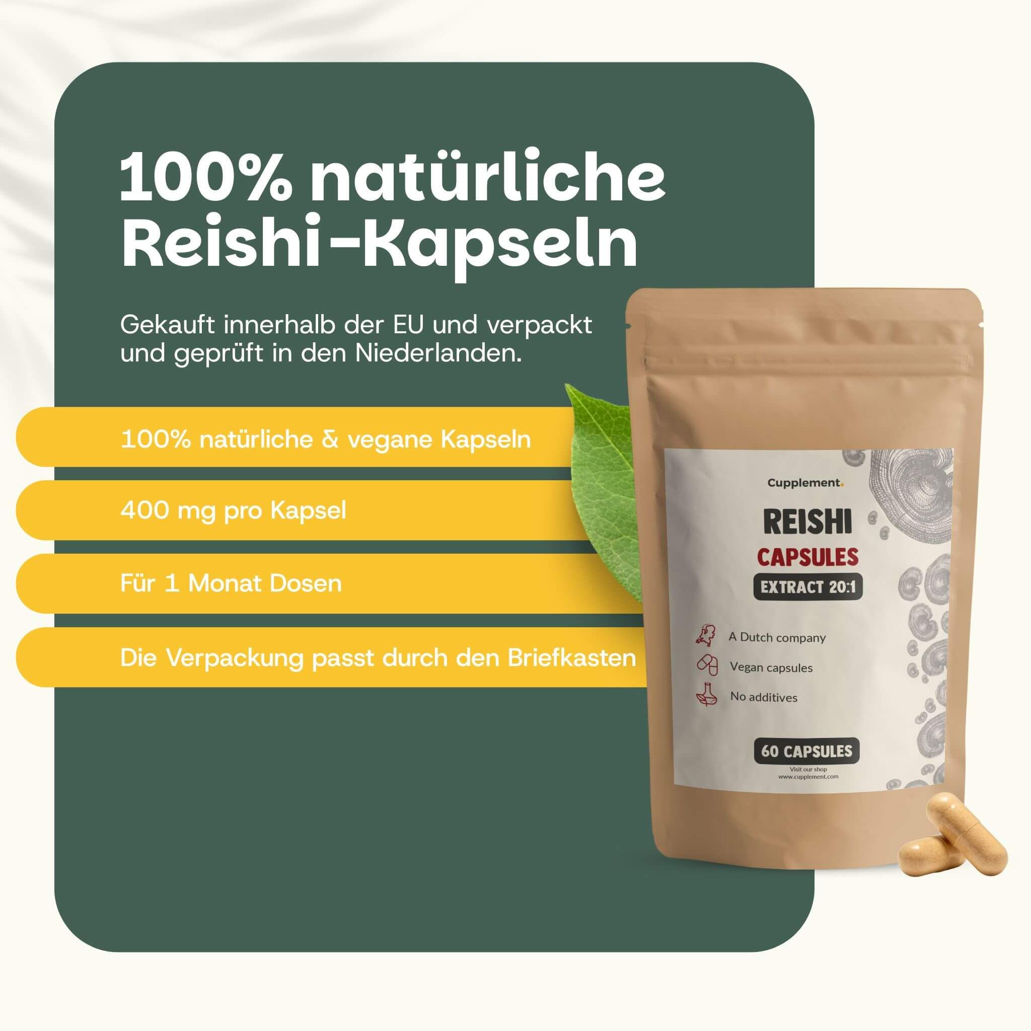 Text: 100% natürliche Reishi-Kapseln. 400 mg pro Kapsel. Für 1 Monat Dosen. Verpackung passt durch Briefkasten.