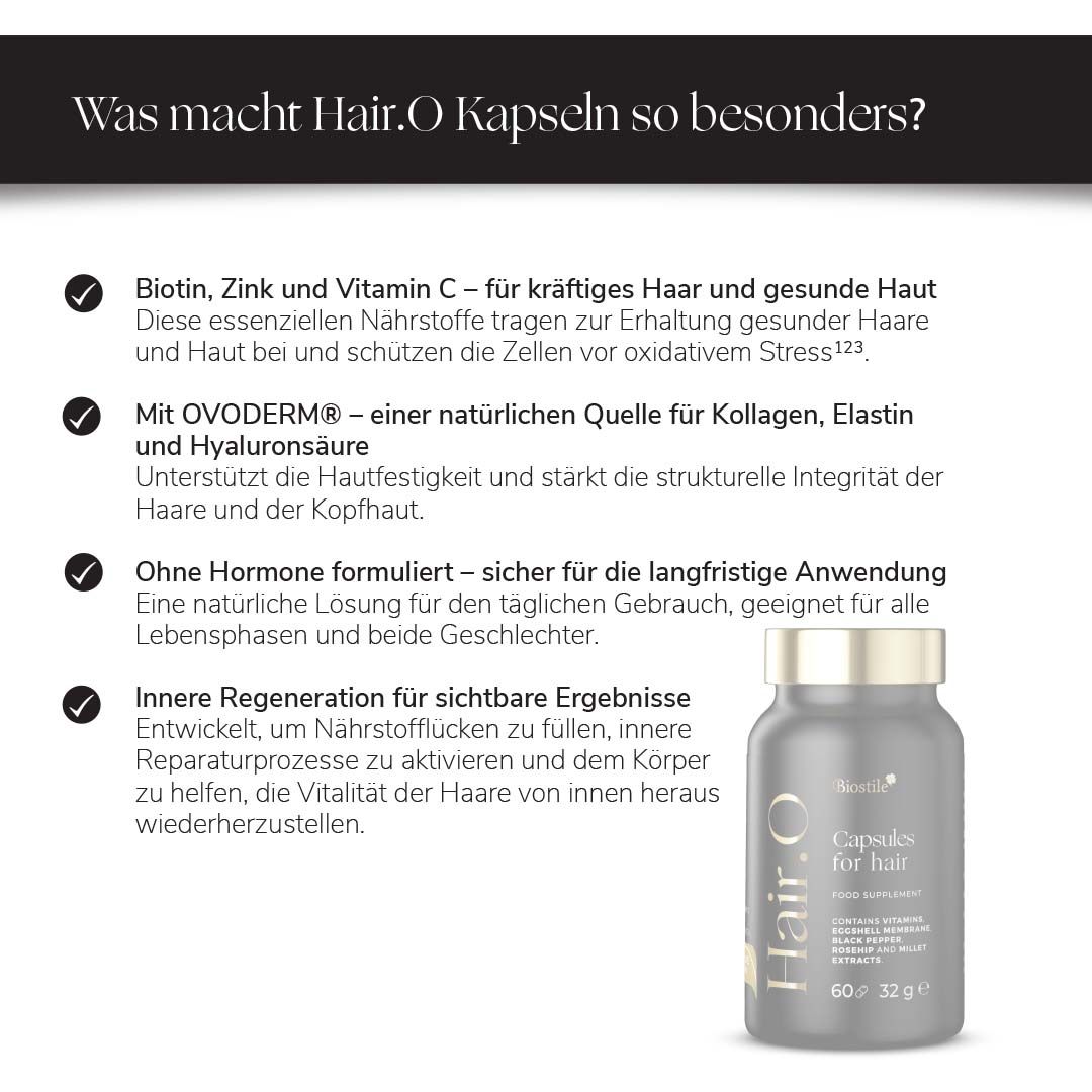 Text: Was macht Hair.O Kapseln so besonders? Flasche mit Kapseln.