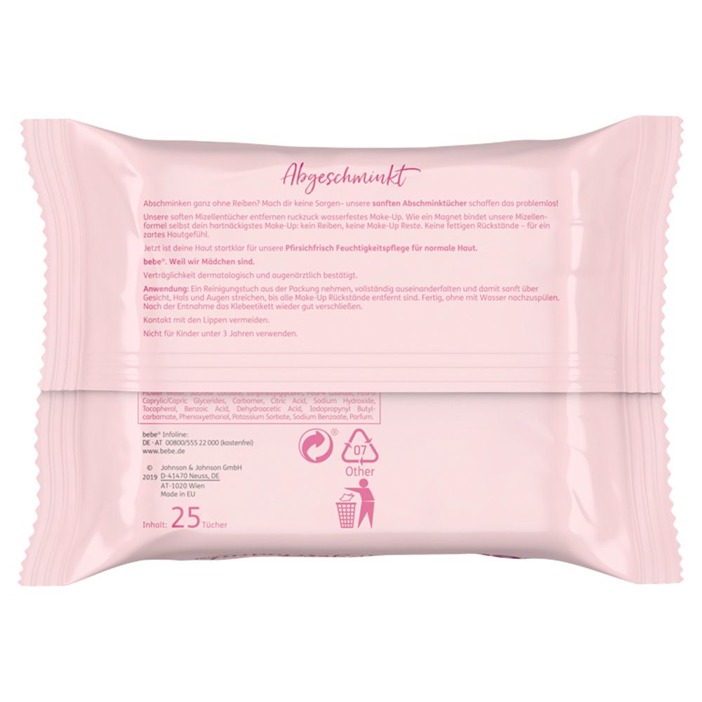 Rückseite der rosa Verpackung mit Text. Enthält Informationen zu Inhaltsstoffen und Anwendung. 25 Tücher.