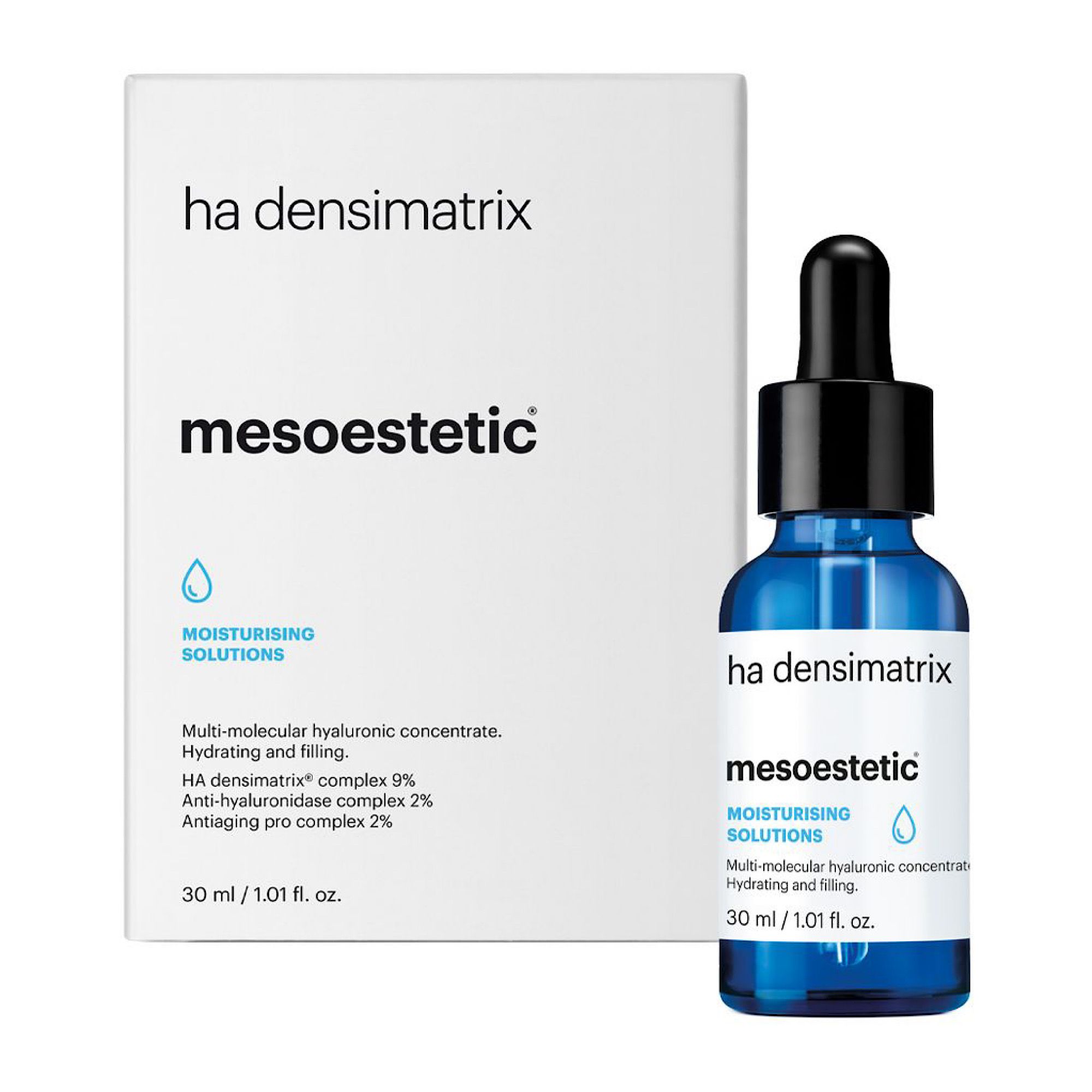 Produkt Mesoestetic HA Densimatrix. Blaue Flasche mit schwarzem Deckel und Pipette. Weiße Verpackung mit Produktnamen und Logo.