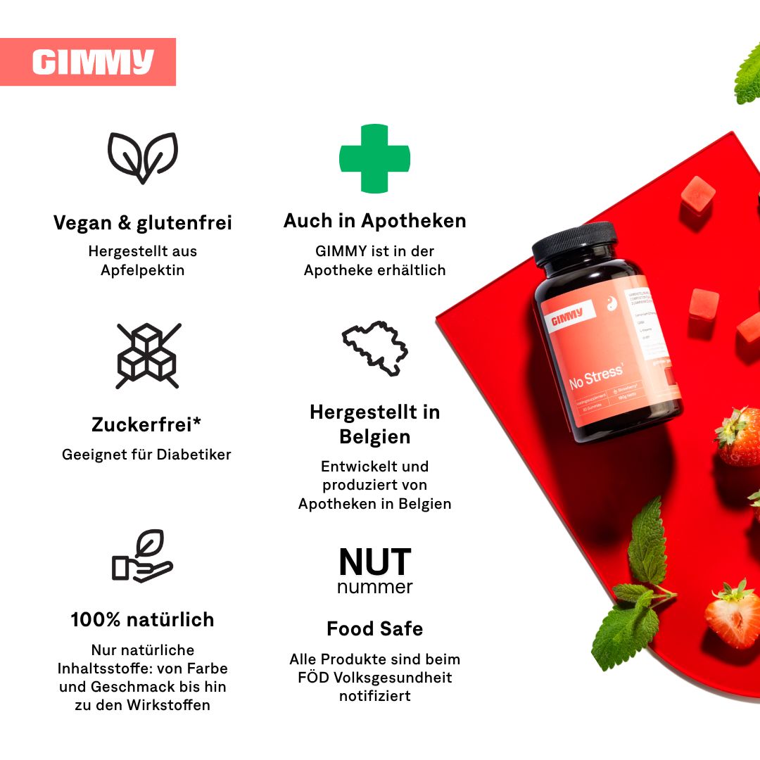 GIMMY No Stress Gummies Flasche, rote Gummibärchen, Erdbeeren, Minze. Symbole: Vegan, glutenfrei, zuckerfrei, natürlich, Apotheke, Belgien.