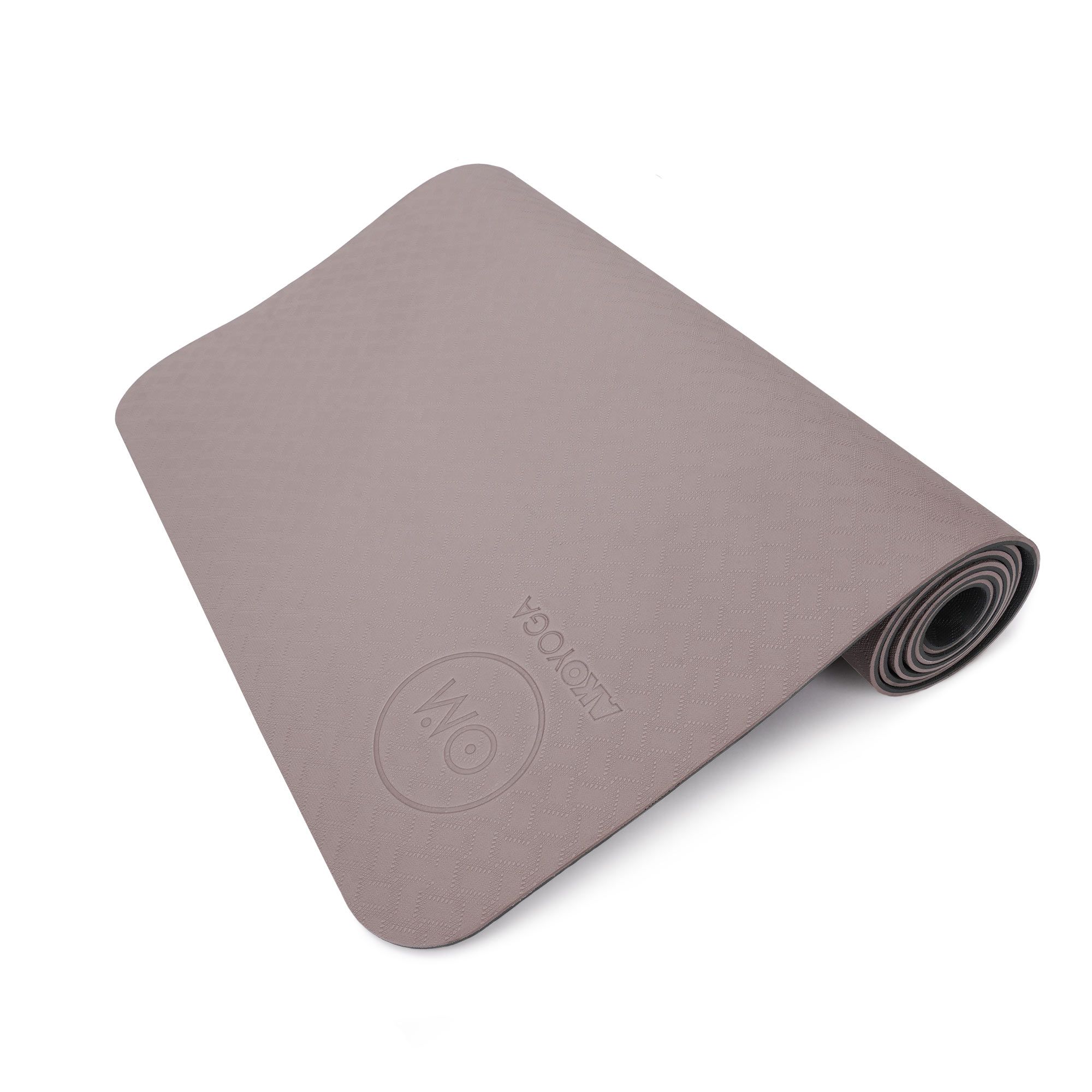 Ausgebreitete TPE-Yogamatte in Braun/Anthrazit mit Prägung und Logo.