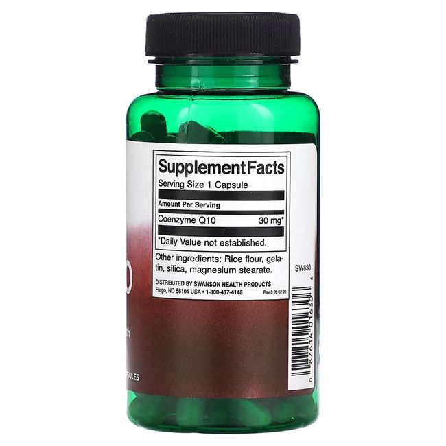 Rückseite der Swanson CoQ10 Flasche mit Nährwertangaben und Inhaltsstoffen.