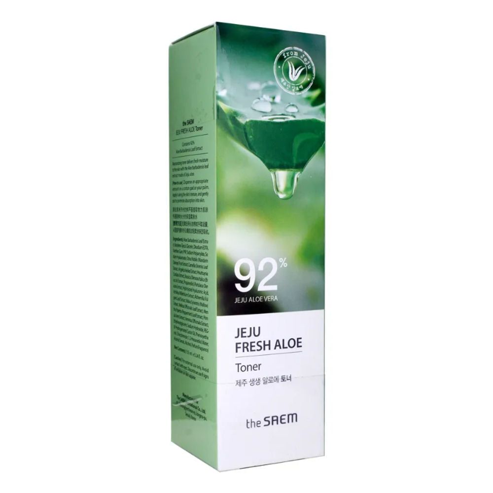 Grüne Verpackung mit Tropfenmotiv. Aufschrift: 92% Aloe Vera, Jeju Fresh Aloe Toner. Logo: The Saem.