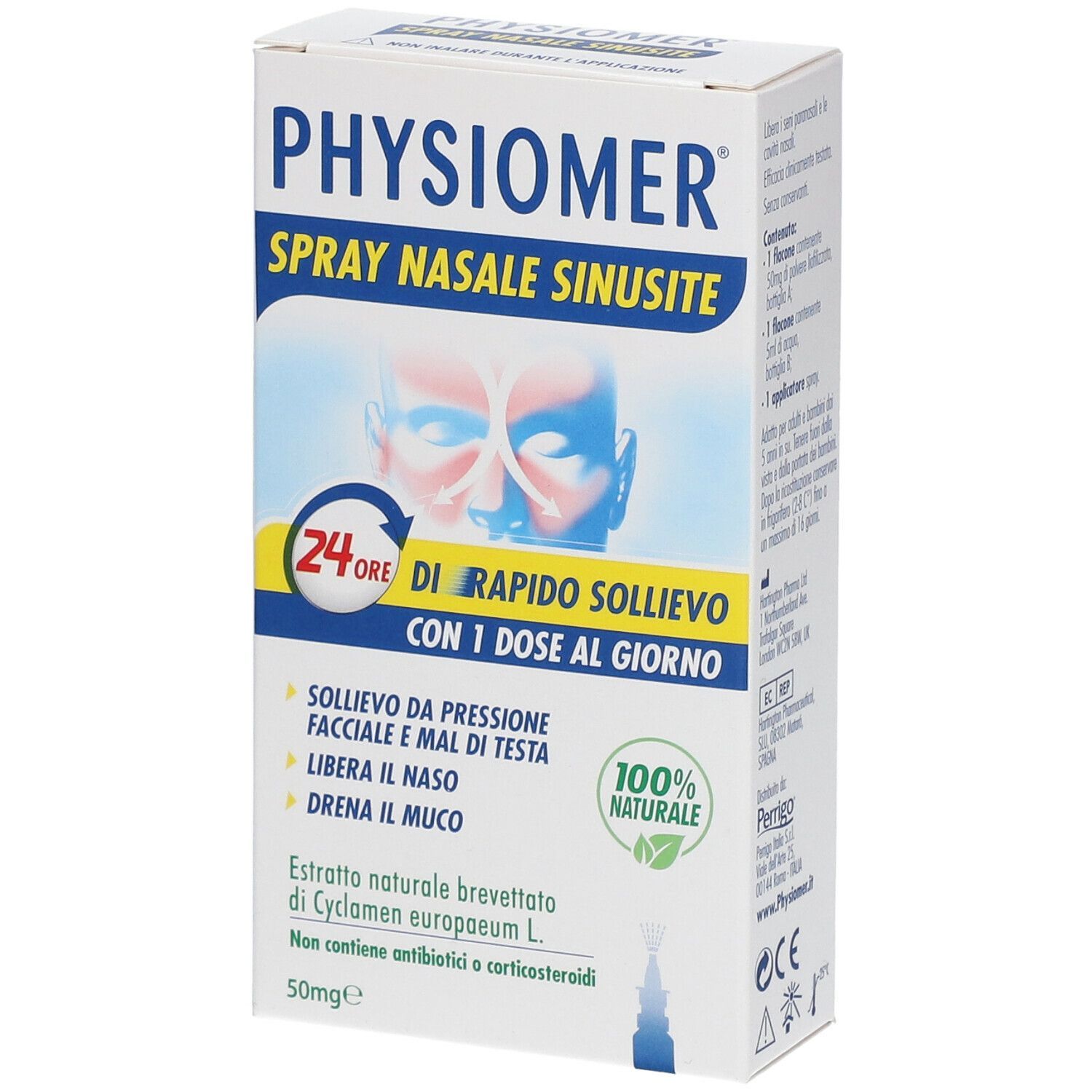 Confezione di PHYSIOMER Spray Nasale Sinusite. Contiene 50ml. Formula naturale al 100%. Sollievo rapido per 24 ore.
