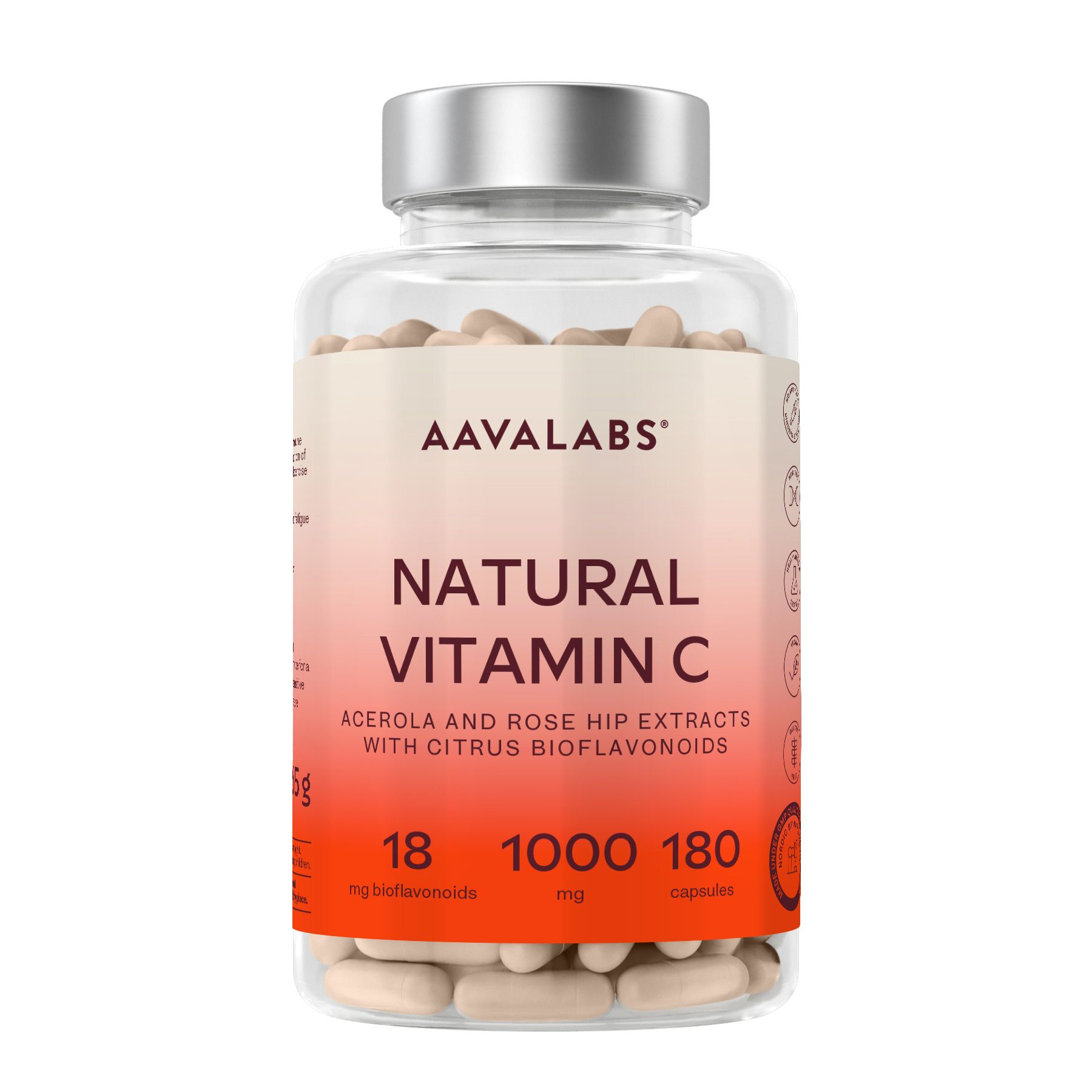 Aavalabs Vitamin C Komplex. Kapseln in Glasflasche. Aufschrift: Natural Vitamin C, Acerola & Hagebutte.