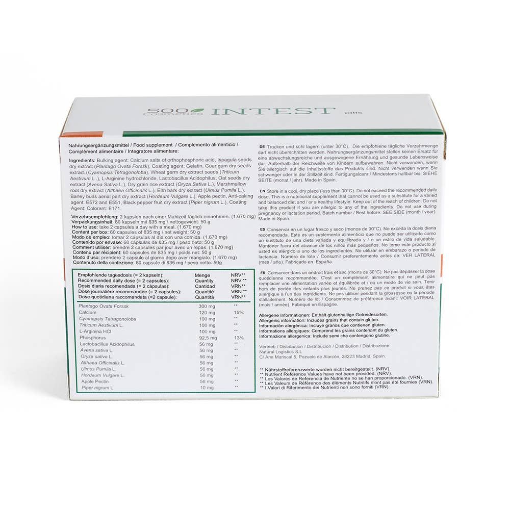Rückseite der Produktverpackung. Enthält Informationen zu Inhaltsstoffen, Dosierung und Warnhinweisen. Mehrsprachiger Text.