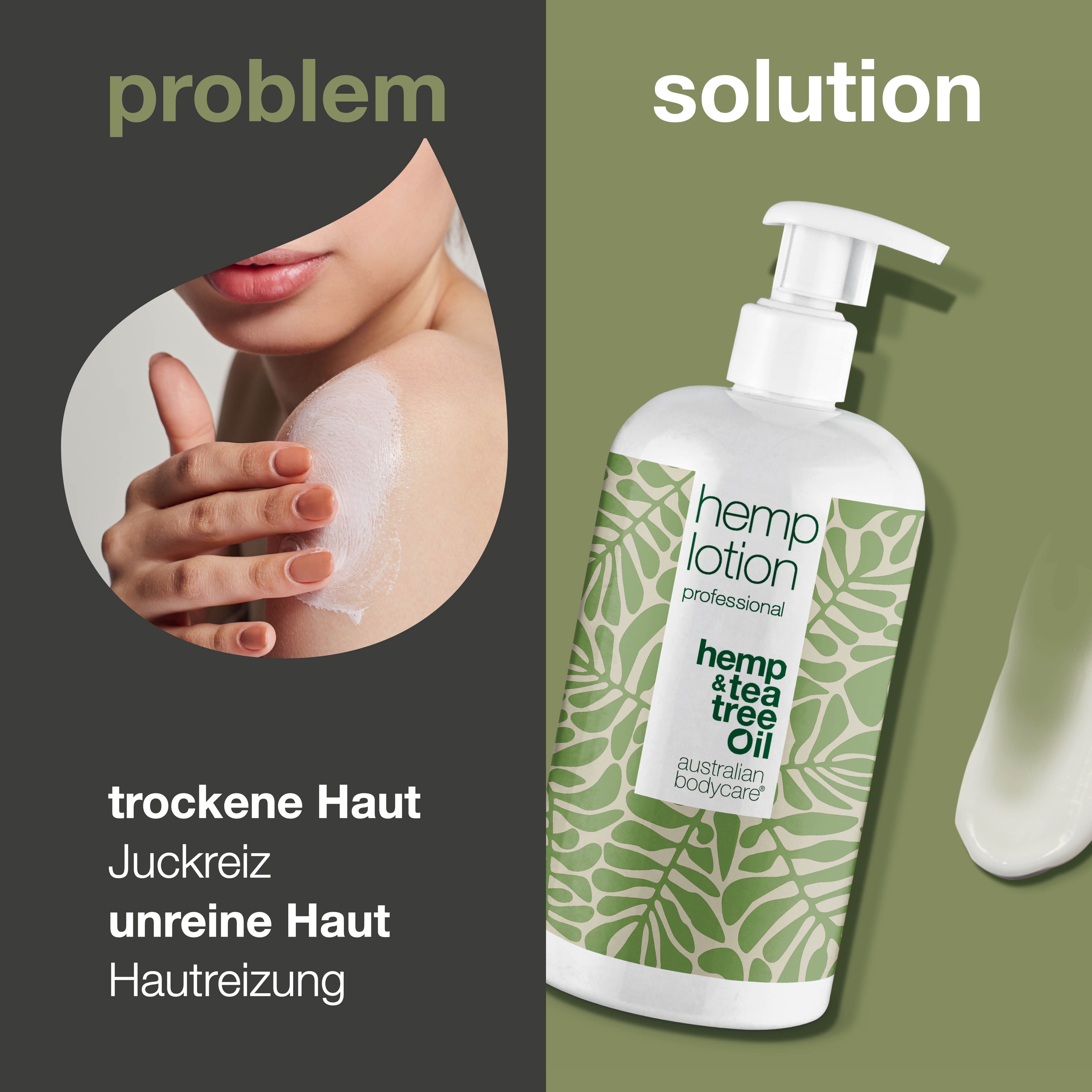 Produktflasche neben Text: Problem, trockene Haut, Juckreiz, unreine Haut, Hautreizung. Lösung: Lotion.