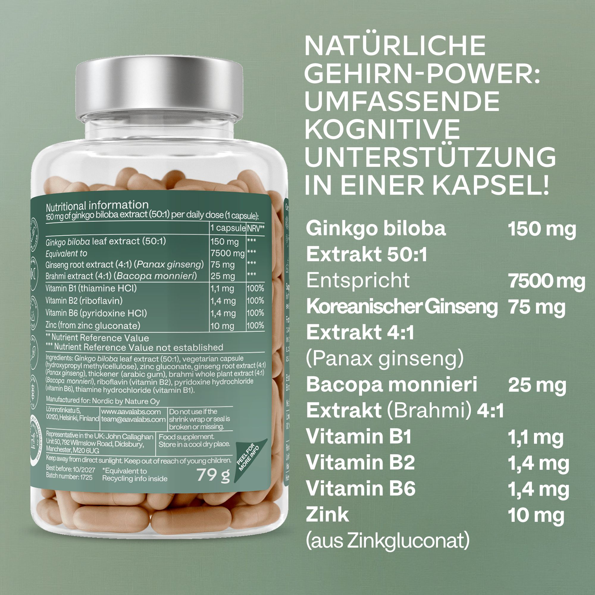 Rückseite der Flasche mit Informationen. Enthält Informationen zu Inhaltsstoffen, Dosierung und Hersteller. 79g.