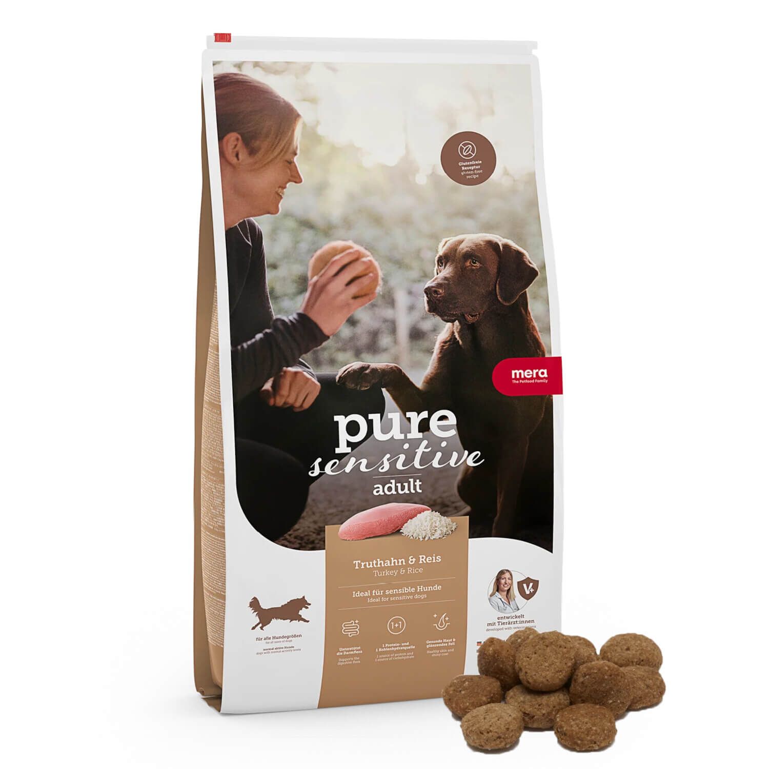 Hundefutter-Beutel mit Produktnamen und Logo. Abgebildet sind Hund, Frau und Futterbrocken.