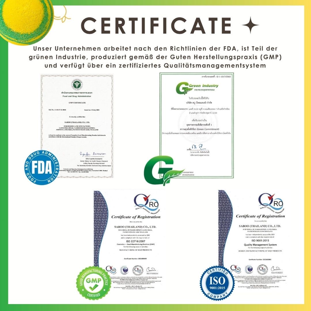 Zertifikate und Qualitätssiegel. FDA, GMP, ISO 9001. Text: Zertifikat. Logo: Green Industry.