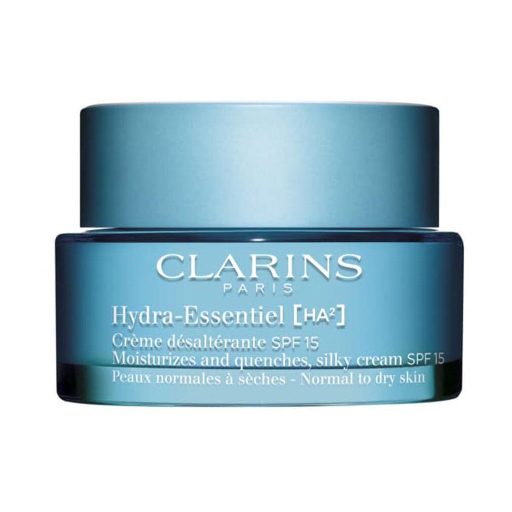 Blaues Tiegel mit Deckel. Aufschrift: Clarins Paris, Hydra-Essentiel, Crème désaltérante SPF 15. Für normale bis trockene Haut.