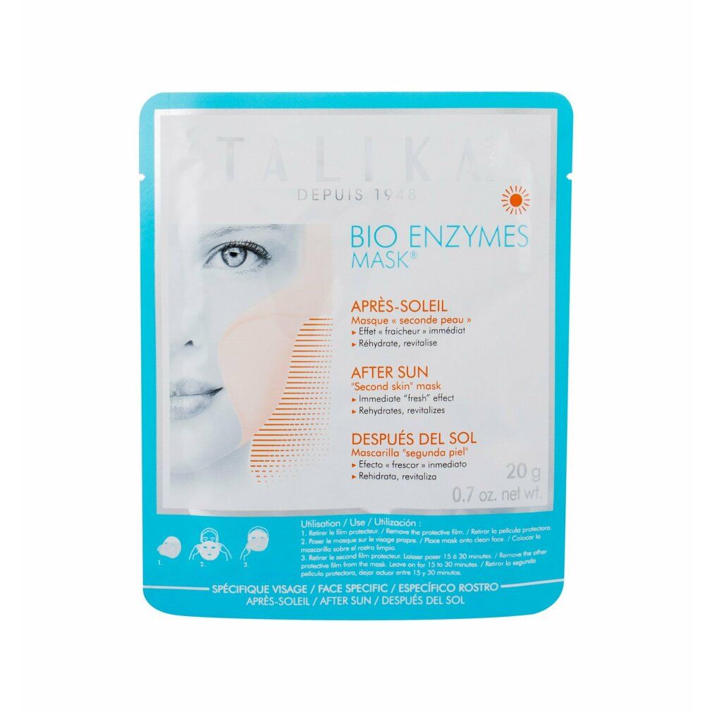 Gesichtsmaske in quadratischer Verpackung. Aufdruck: TALIKA, BIO ENZYMES MASK, AFTER SUN. 20g, 0.7 oz net wt. Abbildung eines Gesichts.