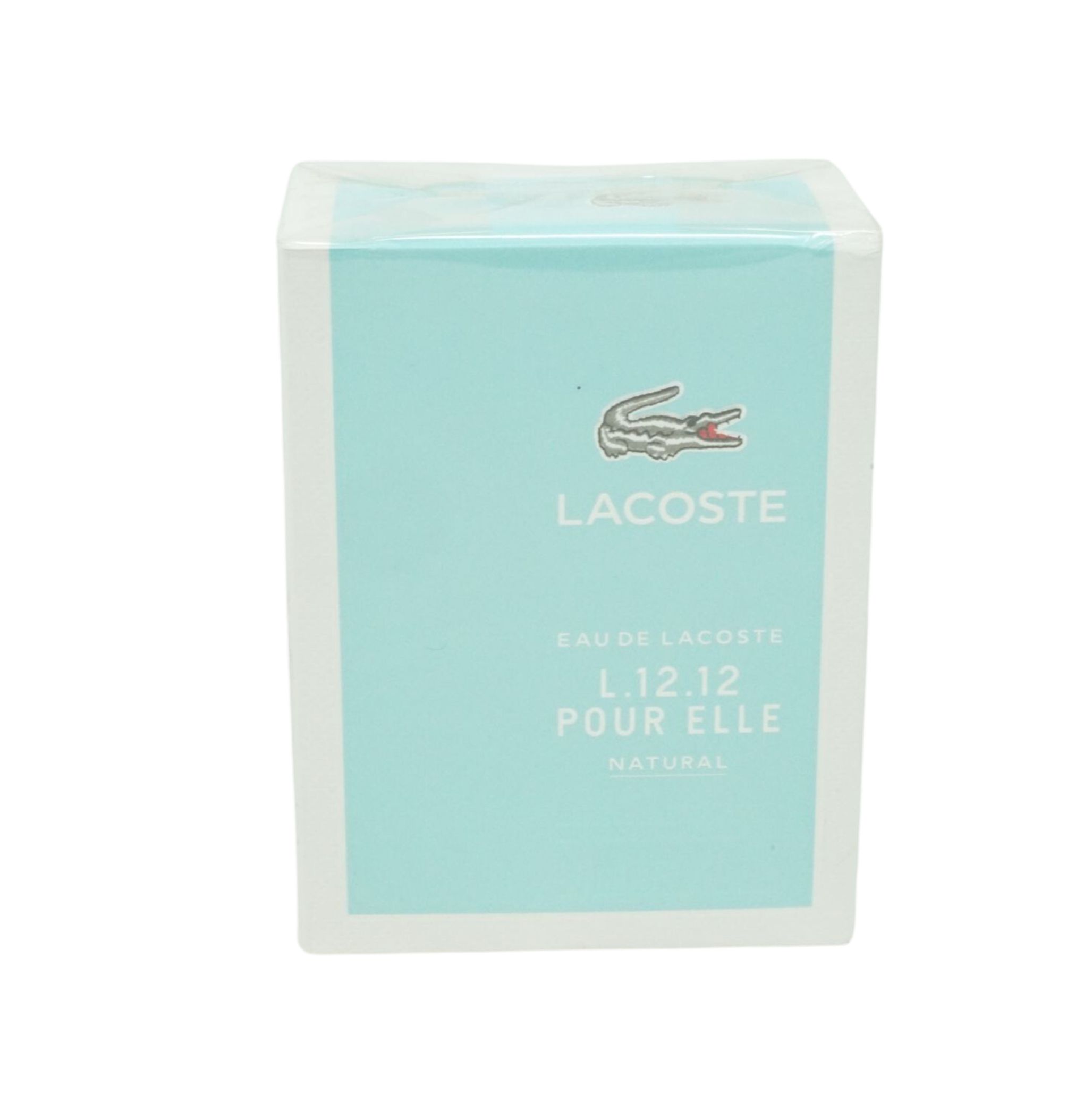 Hellblau verpackte Flasche. Lacoste-Logo und Schriftzug auf der Vorderseite. Produktname und Beschreibung.