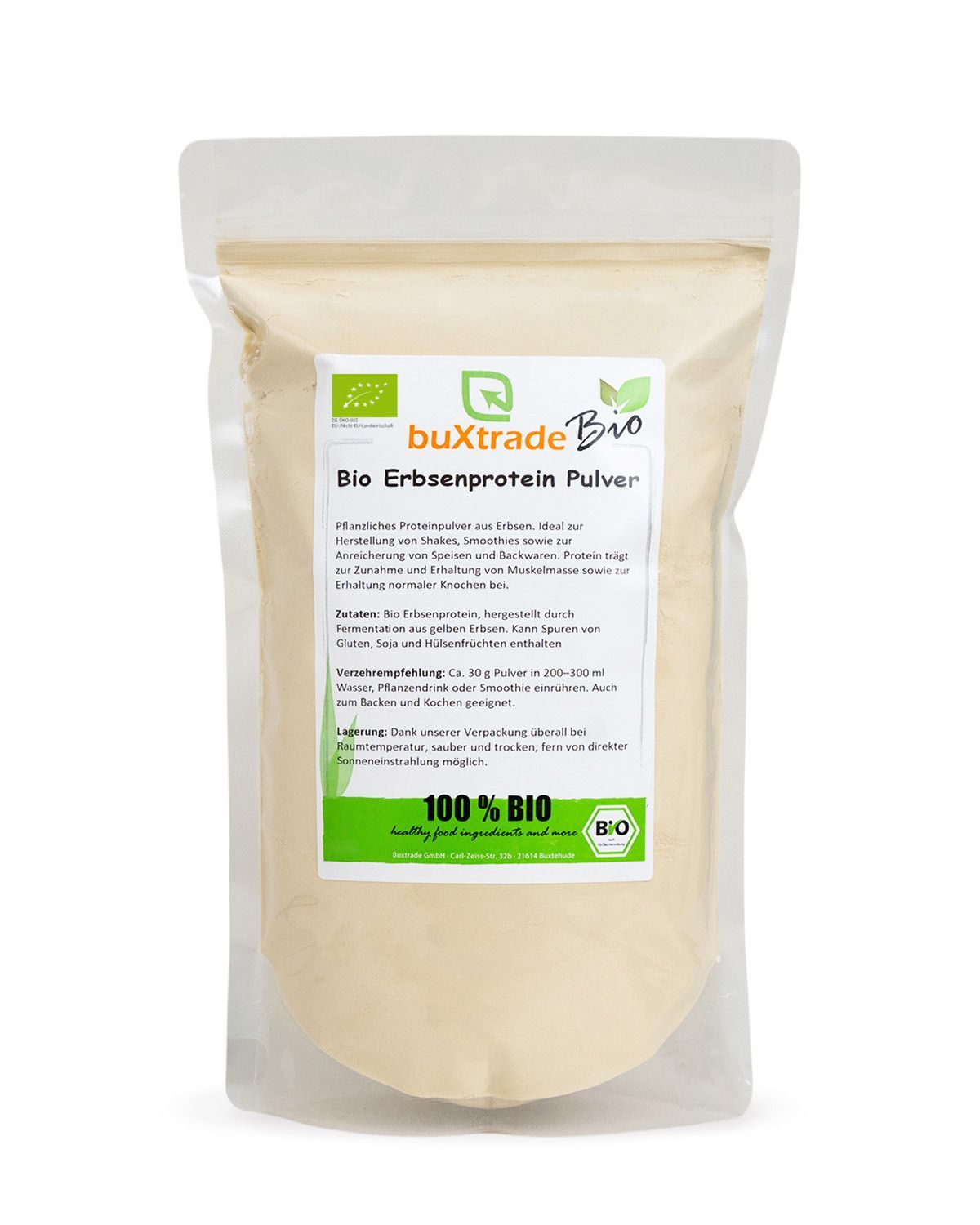 Verpackung von buxtrade Bio Erbsenprotein Pulver mit Nährwertangaben.