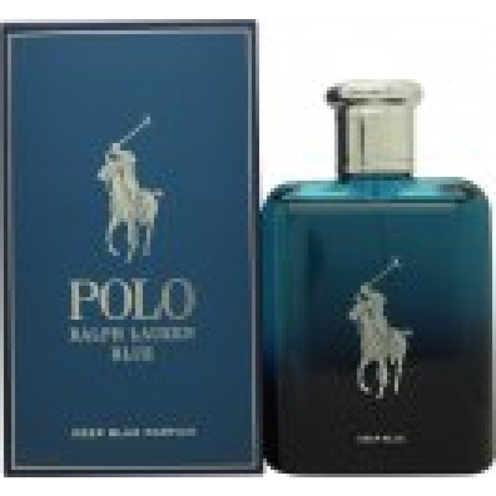 Blaues Parfum und Schachtel. Auf der Schachtel steht 'POLO BLUE'. Logo eines Polospielers.