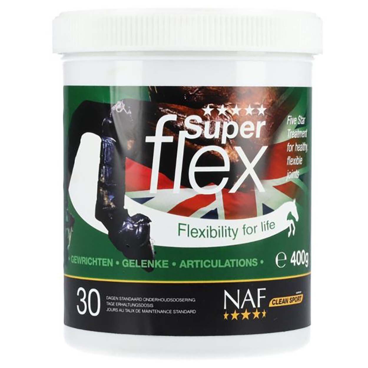 Weißes Gefäß mit grünem Etikett. Aufschrift "Super Flex" und "NAF". Enthält 400g. Mit dem Union Jack und einem Pferd.