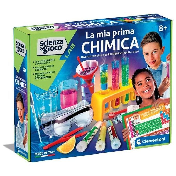 Confezione del set Clementoni Science Play. Include accessori da laboratorio, sostanze chimiche e manuale. Per bambini dagli 8 anni in su.