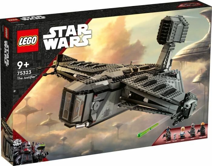 Set LEGO Star Wars The Justifier. La confezione mostra l'astronave in una prospettiva dinamica, con uno sfondo di nuvole e un paesaggio alieno. Il set include l'astronave, minifigure e accessori. Adatto a bambini dai 9 anni in su.