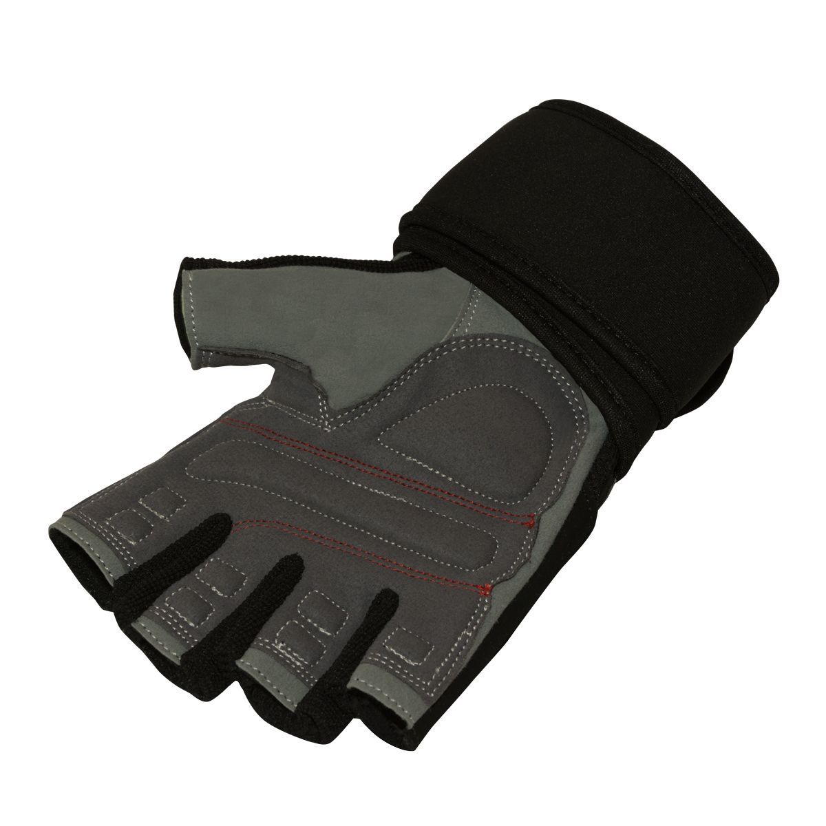 Ein grauer Leder-Fitnesshandschuh für Herren mit Klettverschluss, von der Seite gezeigt.