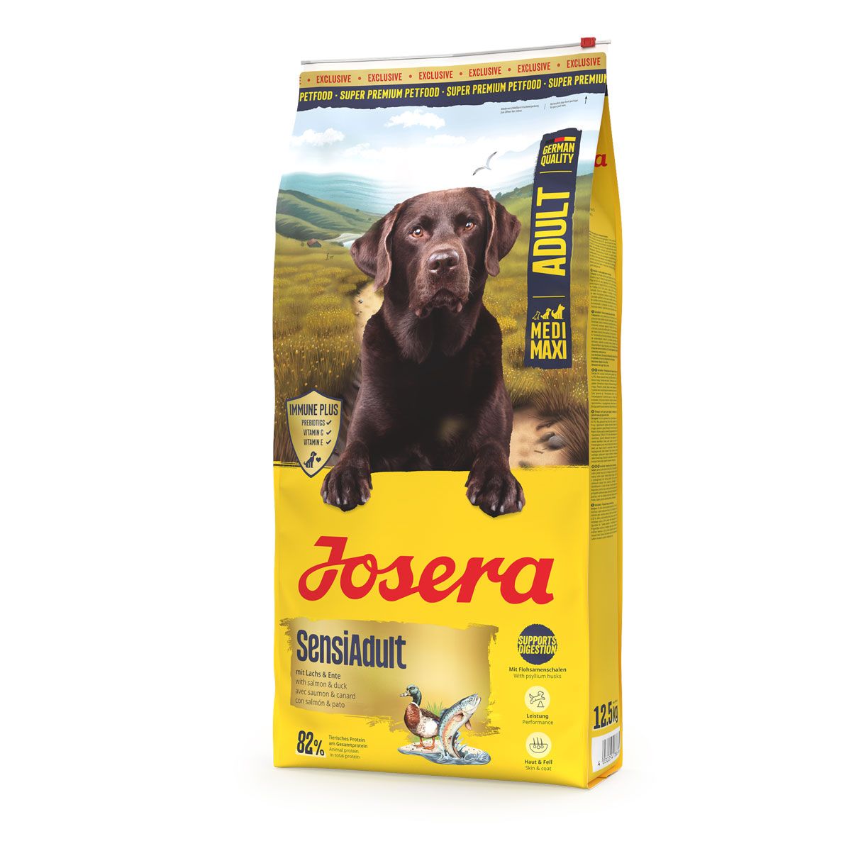 Josera SensiAdult 12,5kg Hundefutter-Sack mit Schokoladen-Labrador und Landschaft. German Quality Siegel.