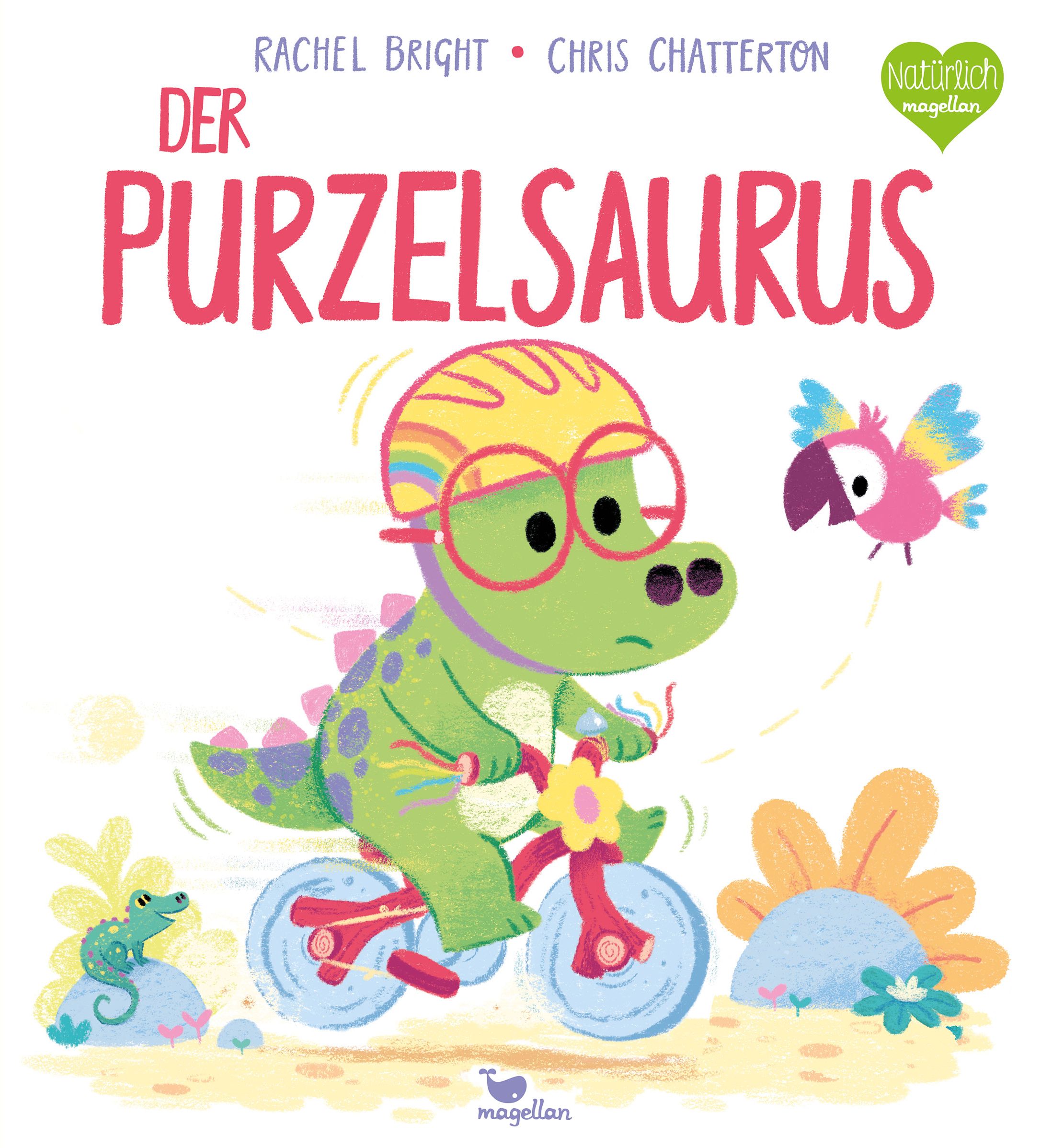 Buchcover: Der Purzelsaurus. Ein grüner Dinosaurier fährt Fahrrad. Titel und Autorennamen sind sichtbar.