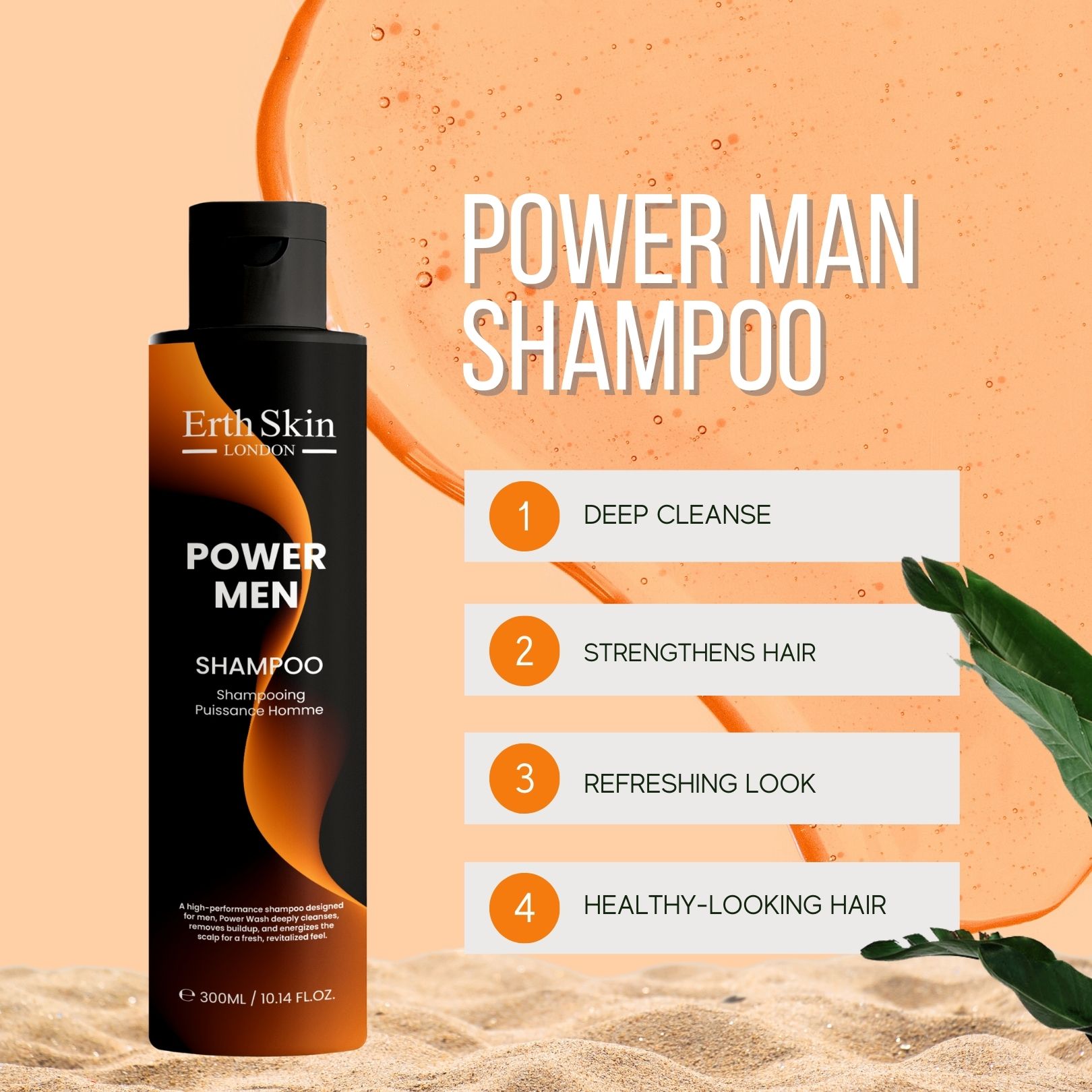 Flacon de shampooing noir avec design orange. Erth Skin London, Power Men Shampoo, 300ml, avec infographie.