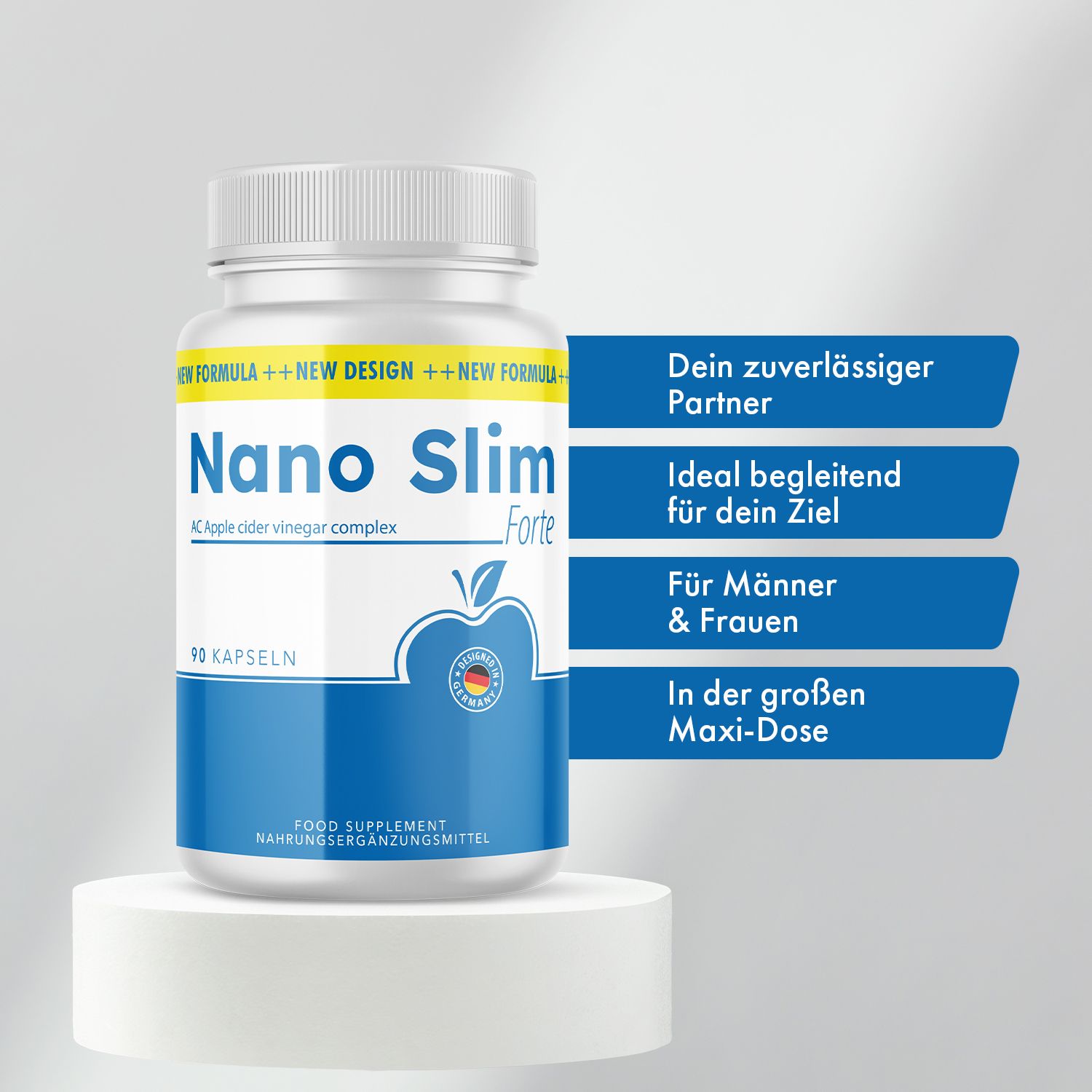 Weiße Flasche mit blauem Etikett. Aufschrift: Nano Slim Forte, 90 Kapseln. Apfel-Logo. Aufschrift: AC Apple cider vinegar complex. Auf Podest.