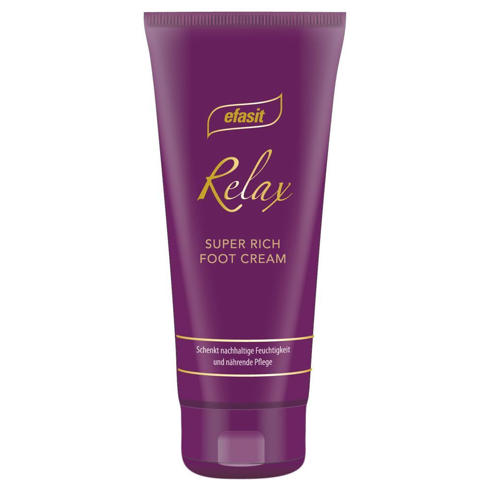 Lila Tube mit "efasit Relax Super Rich Foot Cream" Aufschrift. Goldfarbene Schrift. Text darunter: Schenkt nachhaltige Feuchtigkeit und nährende Pflege.