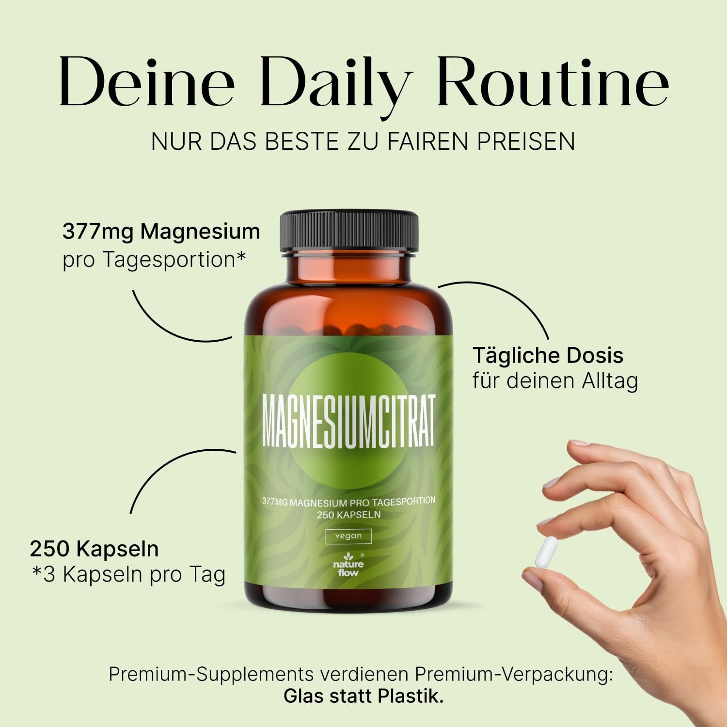 Braune Glasflasche mit grünem Etikett. Aufschrift: Magnesiumcitrat. Eine Hand hält eine Kapsel. Text: 250 Kapseln, vegan. Premium-Verpackung.