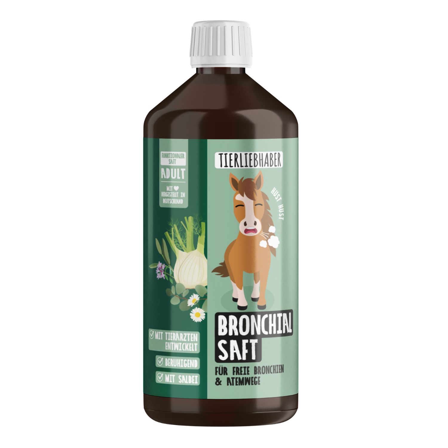 Produktflasche mit Etikett. Braune Flüssigkeit in einer Flasche. Etikett mit Produktbezeichnung und Illustration.