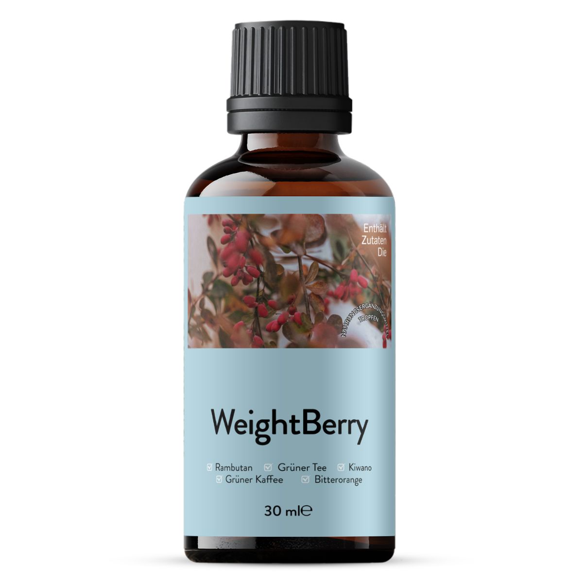 Braune Glasflasche mit schwarzem Deckel. Etikett mit Produktnamen WeightBerry, Zutaten und 30 ml.