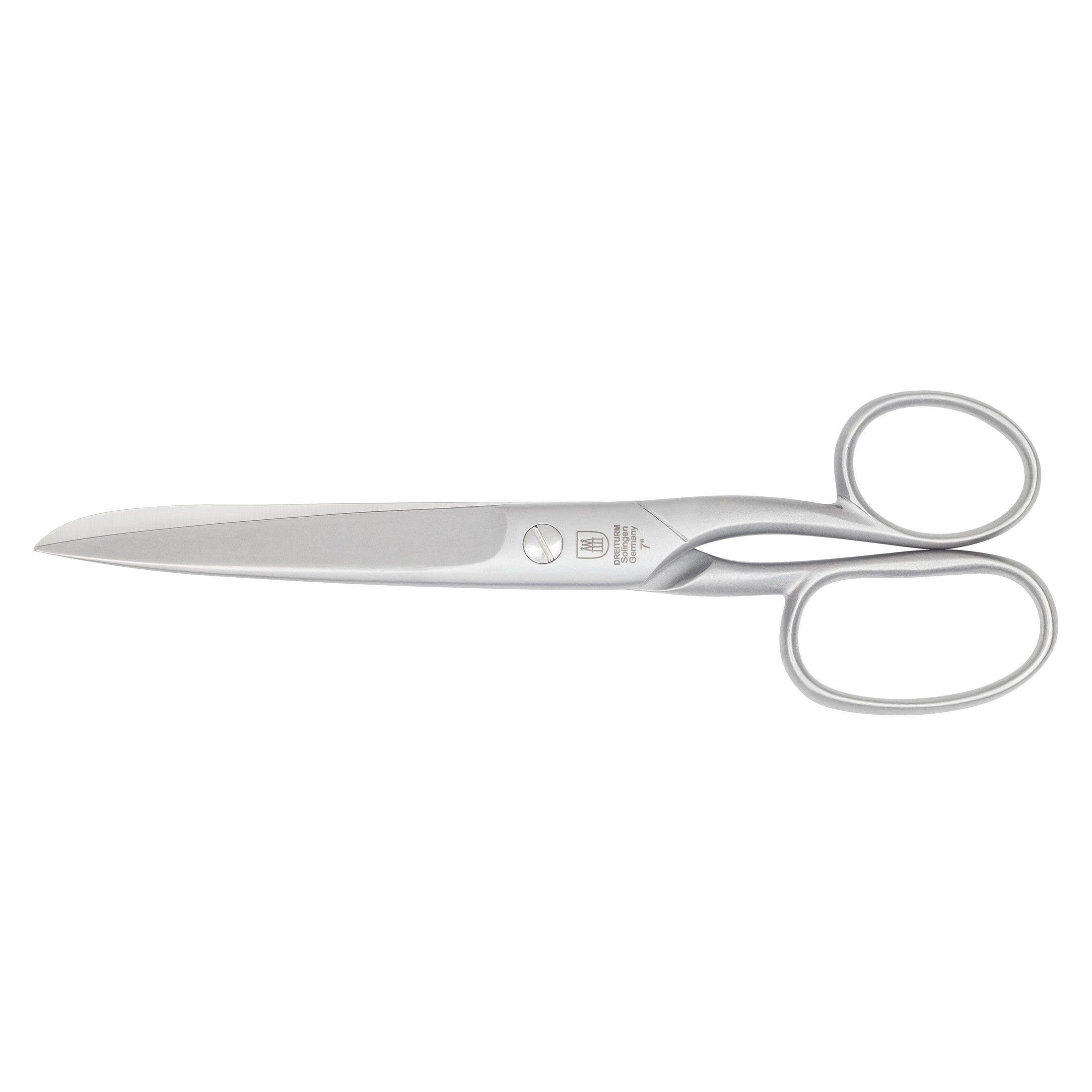 Silberne Schere mit abgerundeten Griffen. Logo und Schriftzug auf der Klinge. Original Solingen.