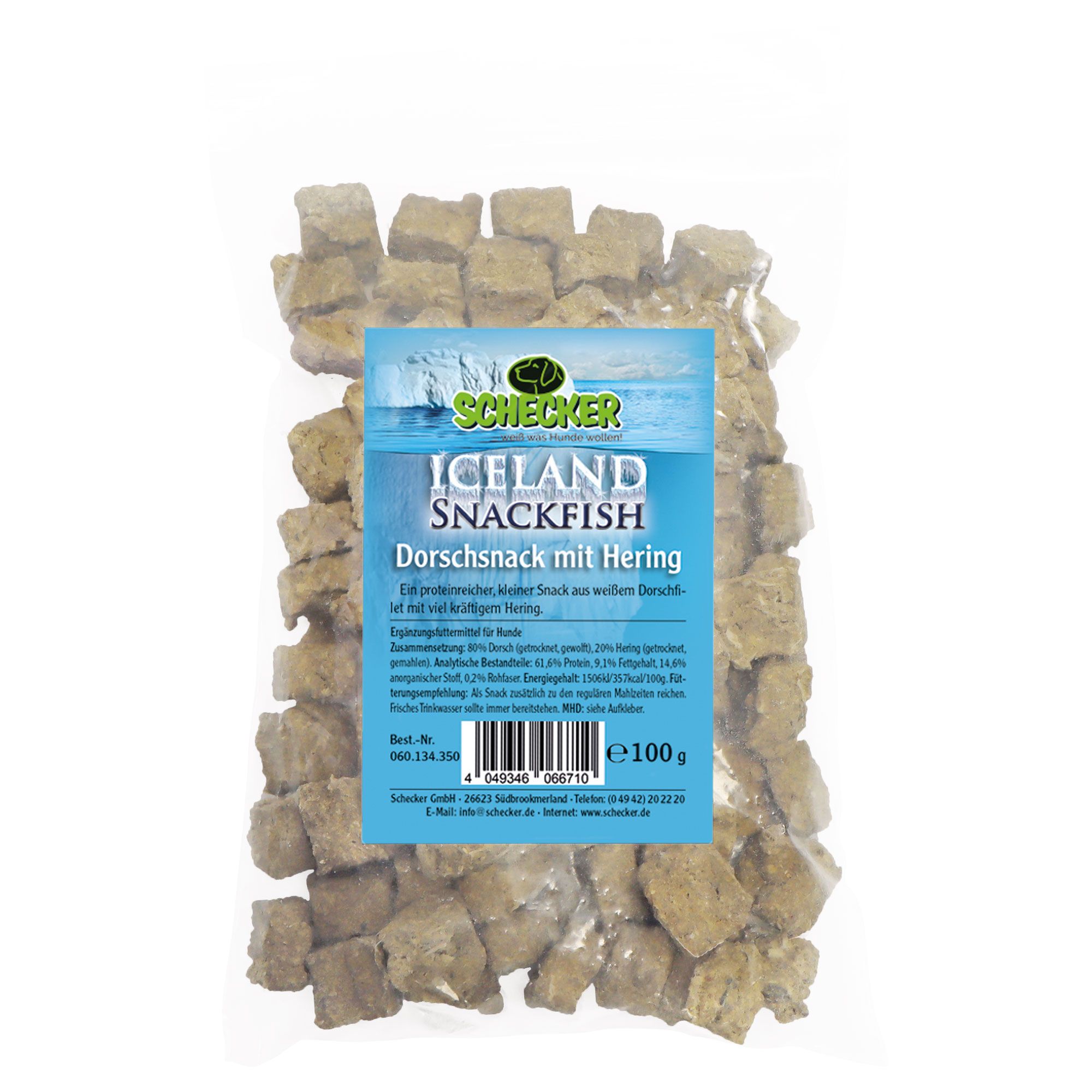 Verpackung mit Hundesnacks. Aufschrift: Schecker ICELAND Snackfish Dorschsnack mit Hering. 100g.