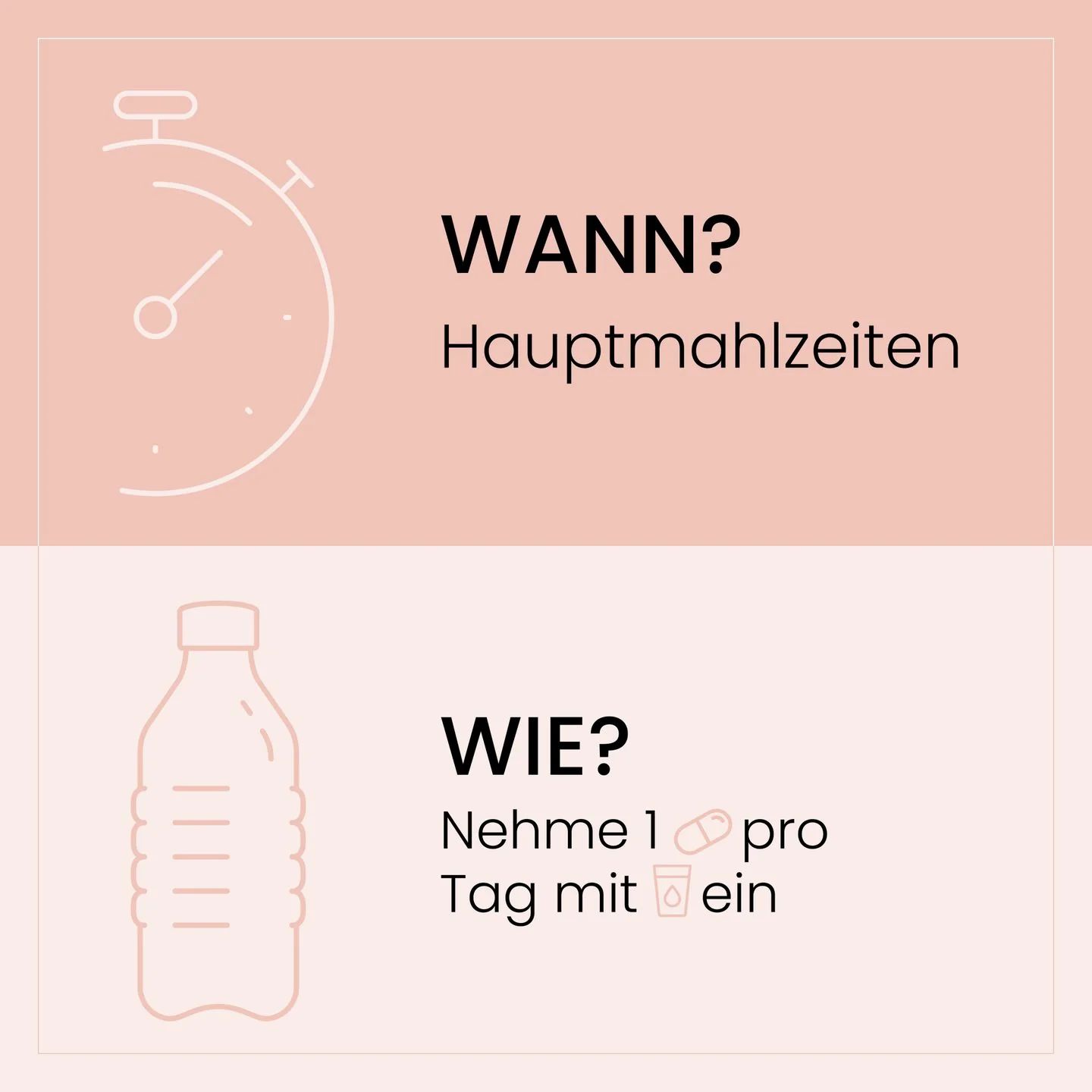 Grafik: Wann? Hauptmahlzeiten. Wie? Nimm 1 Kapsel pro Tag mit ein. Abbildung einer Wasserflasche und einer Kapsel.