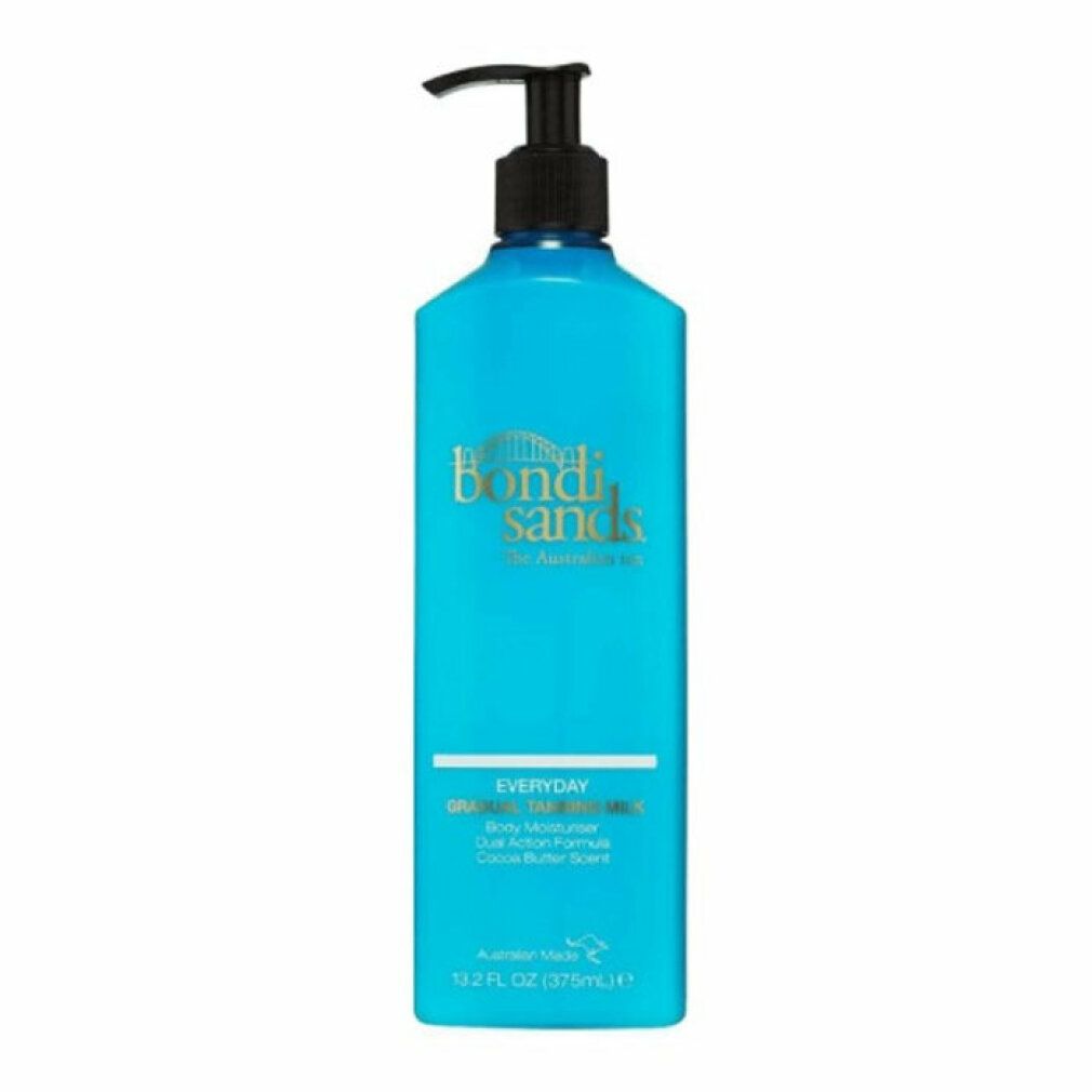 Türkisfarbene Flasche mit schwarzem Pumpkopf. Aufschrift: Bondi Sands Everyday Gradual Tanning Milk. Volumen: 13.2 fl oz (375mL).
